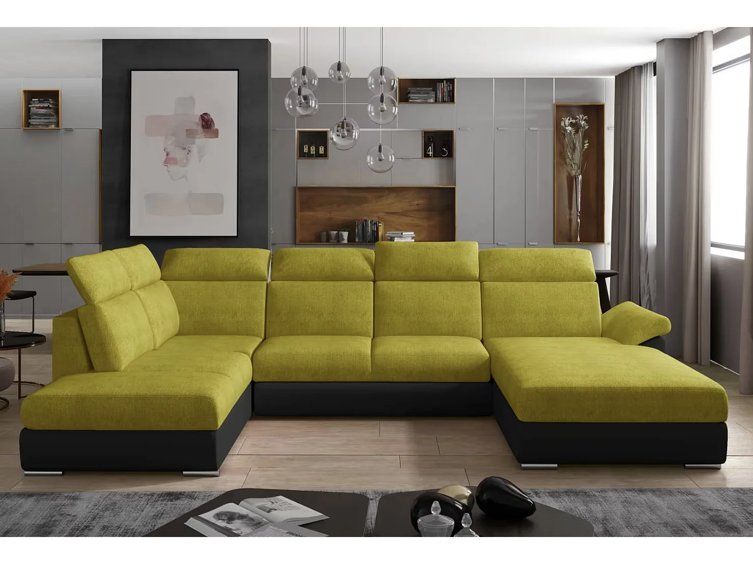 Canapé Convertible Panoramique LEVANO Tissu et Simili Cuir, Têtières-Noir/Jaune olive-Coffre à droite