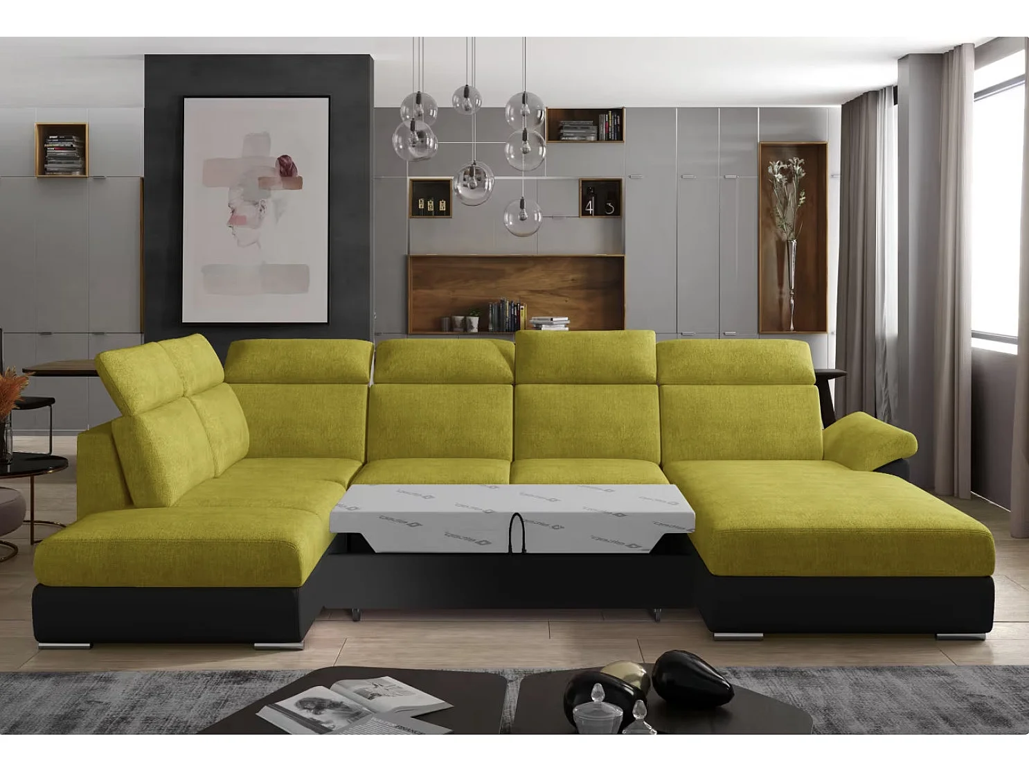 Canapé Convertible Panoramique LEVANO Tissu et Simili Cuir, Têtières-Noir/Jaune olive-Coffre à droite