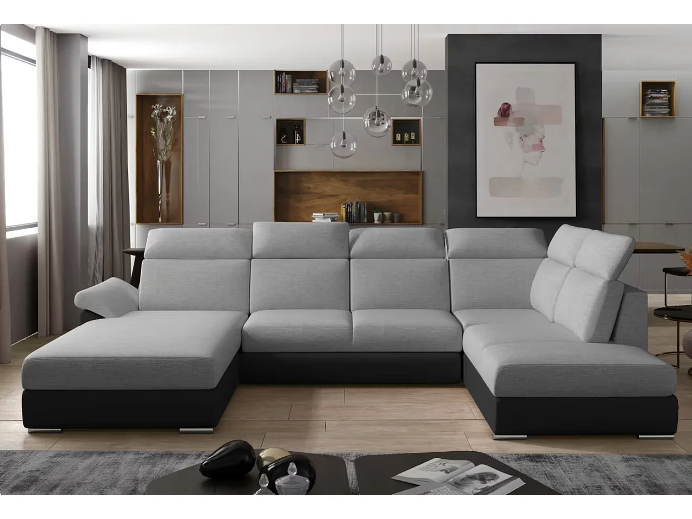 Canapé Convertible Panoramique LEVANO Tissu et Simili Cuir, Têtières-Noir/Jaune olive-Coffre à droite