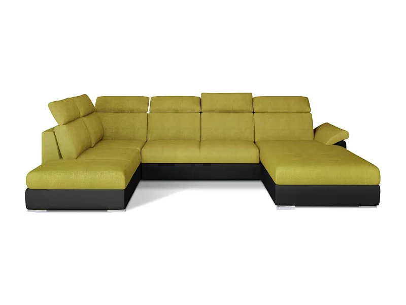 Canapé Convertible Panoramique LEVANO Tissu et Simili Cuir, Têtières-Noir/Jaune olive-Coffre à droite