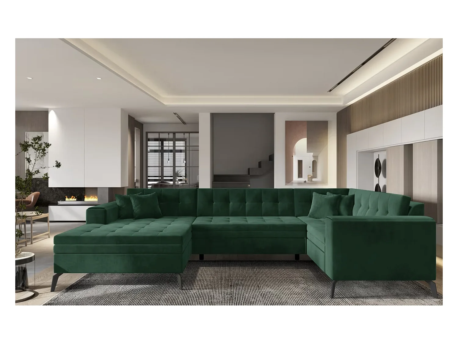 Canapé panoramique convertible BONTY velours matelassé-Vert épinard-Méridienne A gauche