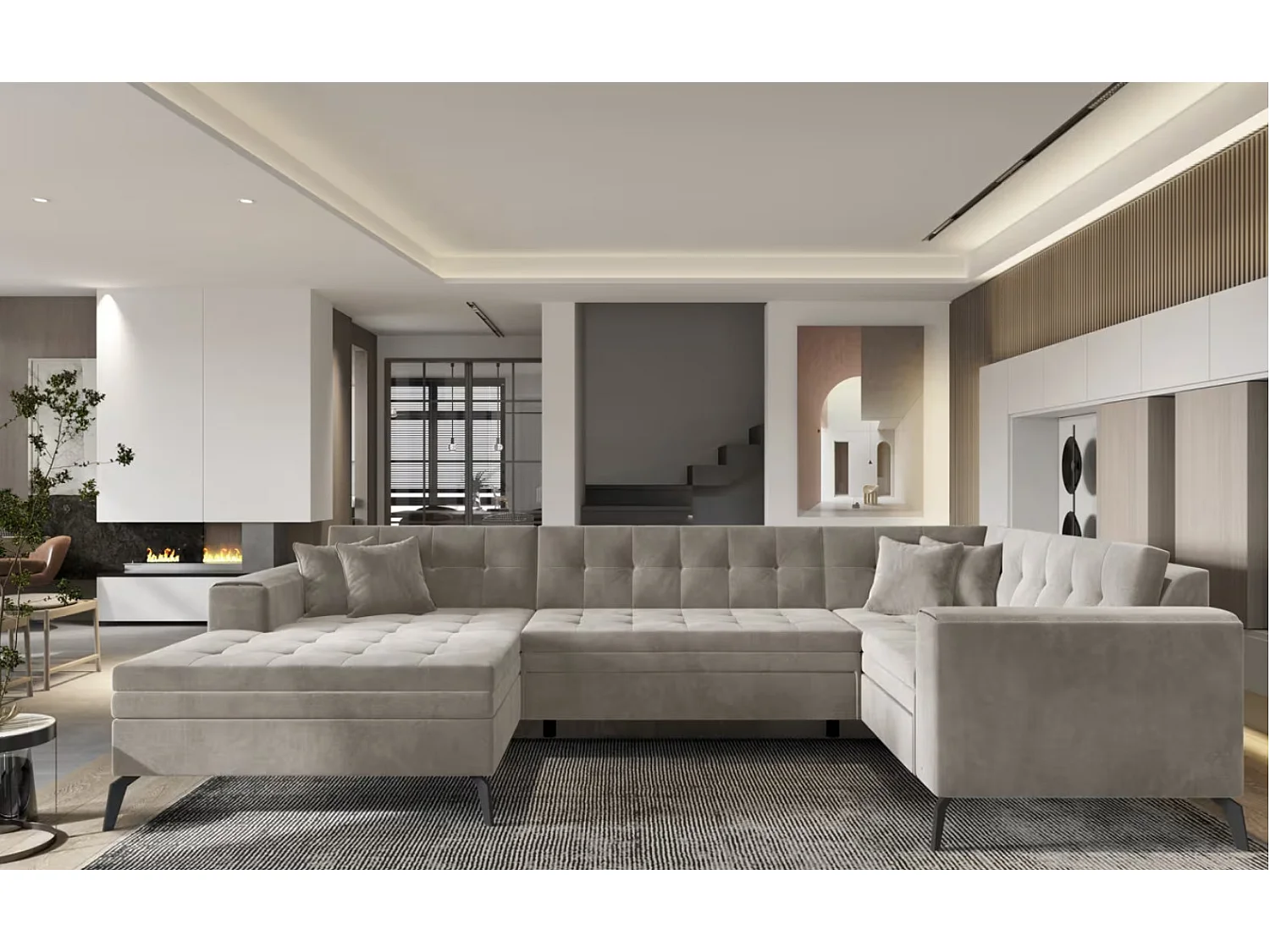 Canapé panoramique convertible BONTY velours matelassé-Vert épinard-Méridienne A gauche