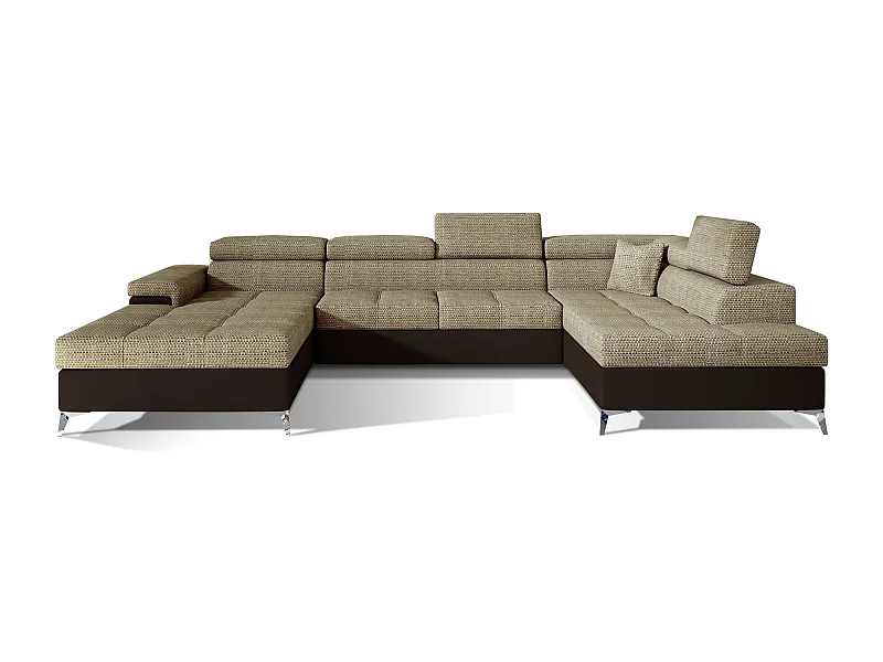 Canapé panoramique convertible KUTTY - Rangement et appuie-têtes réglables-Marron/Beige clair chiné-Coffre à droite