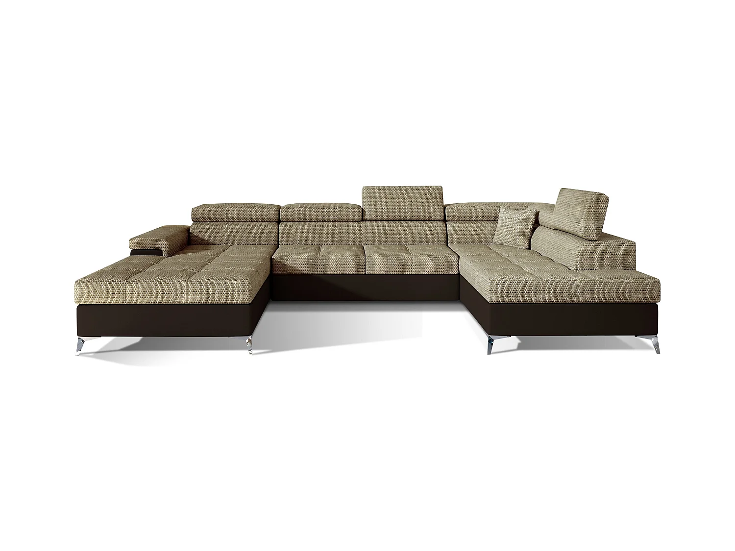 Canapé panoramique convertible KUTTY - Rangement et appuie-têtes réglables-Marron/Beige clair chiné-Coffre à droite