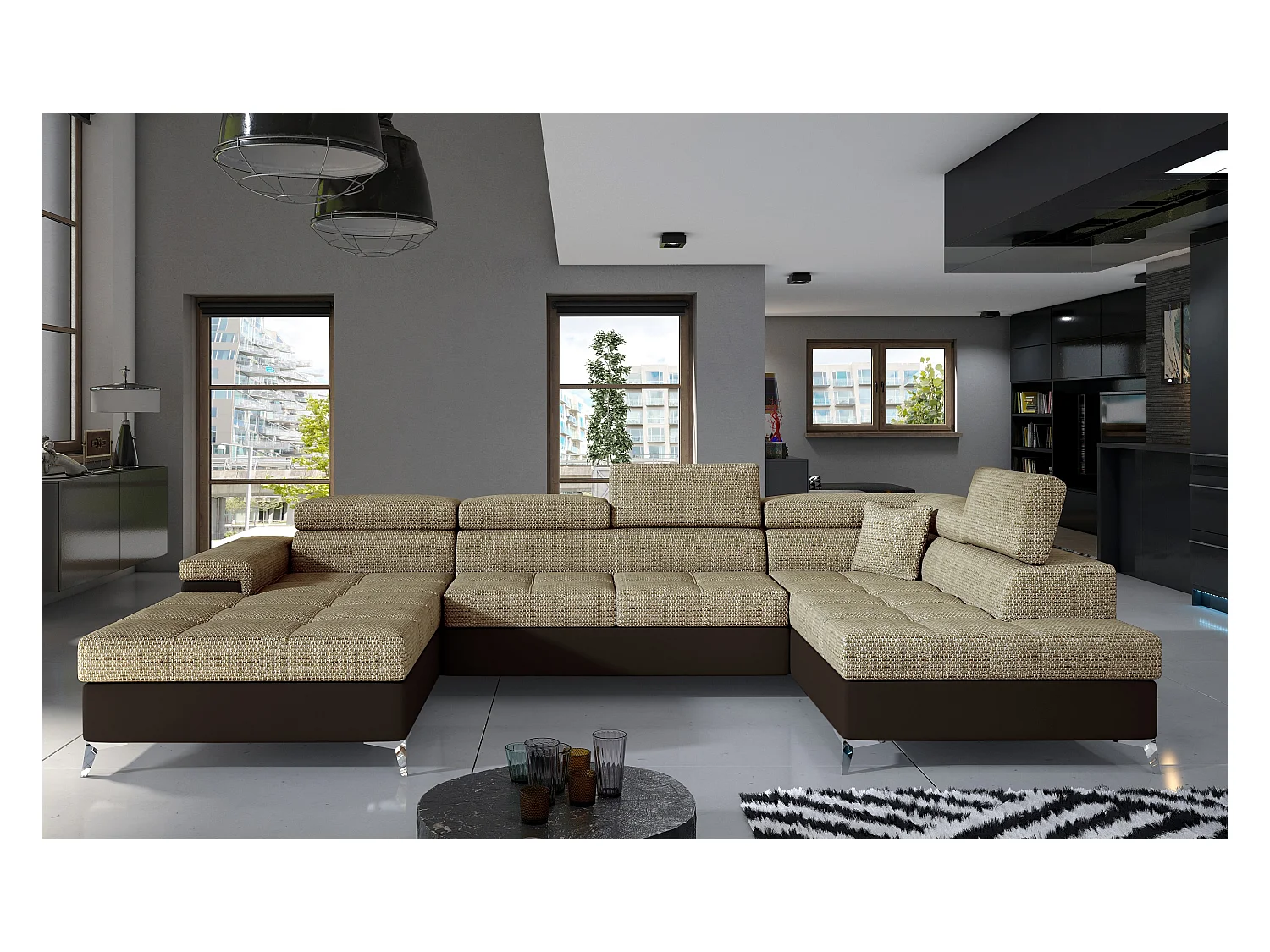 Canapé panoramique convertible KUTTY - Rangement et appuie-têtes réglables-Marron/Beige clair chiné-Coffre à droite