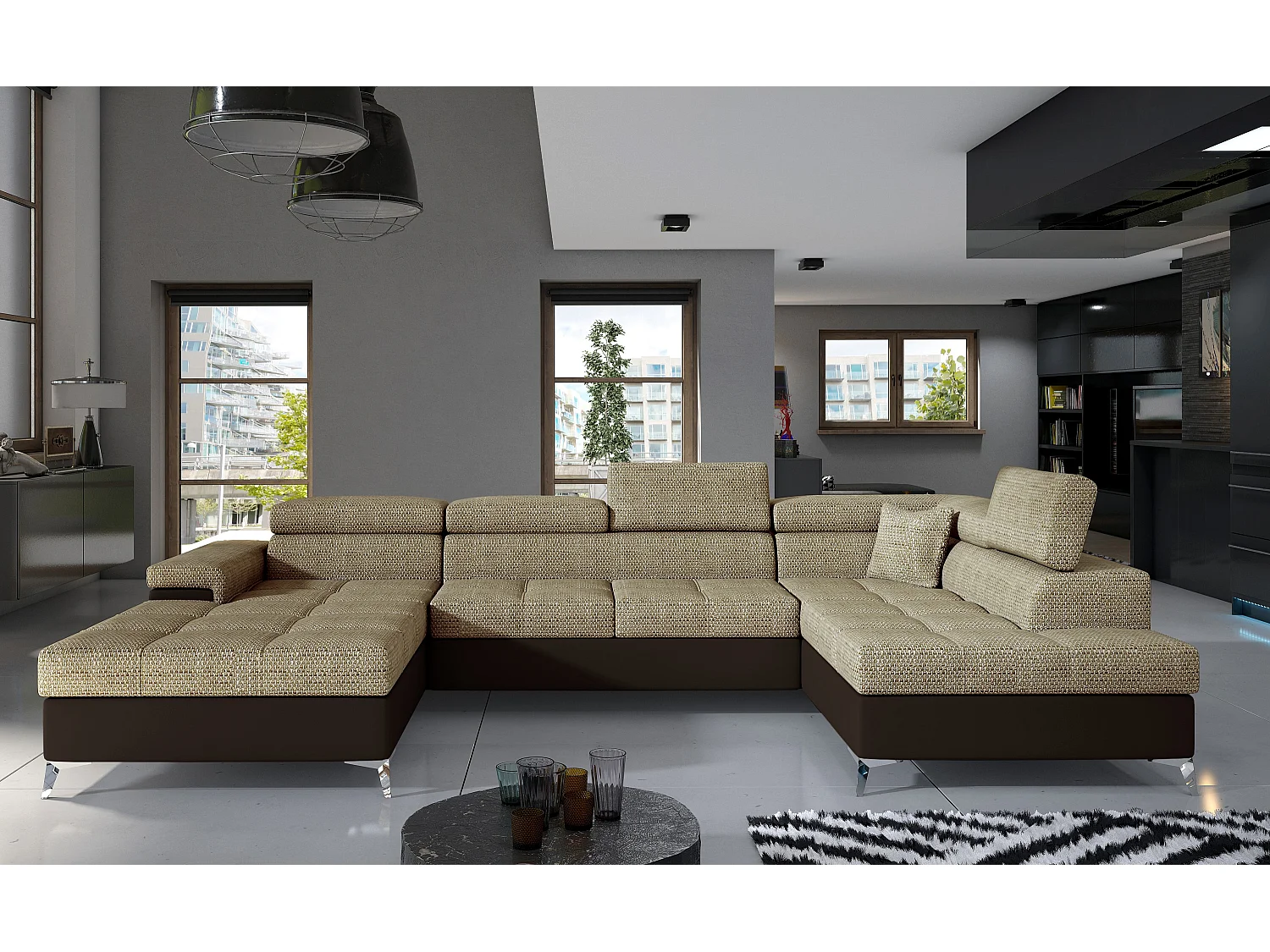 Canapé panoramique convertible KUTTY - Rangement et appuie-têtes réglables-Marron/Beige clair chiné-Coffre à droite