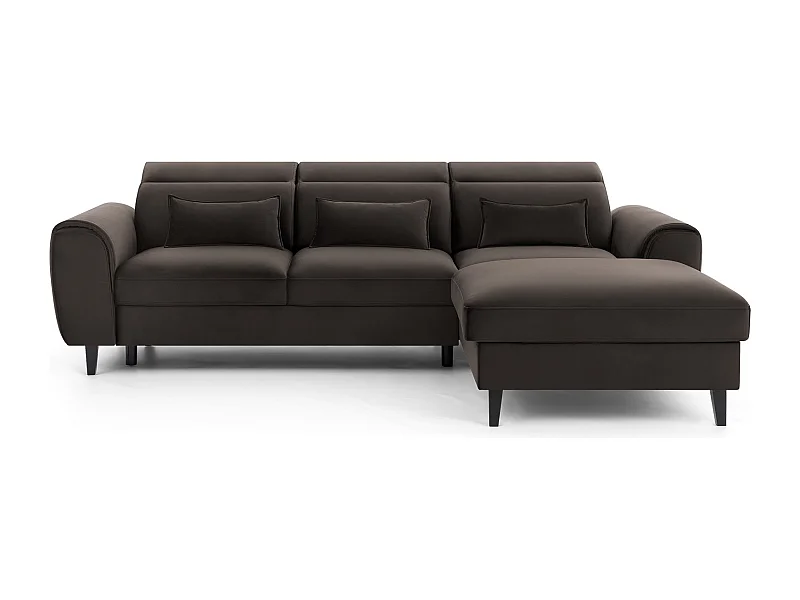 Canapé d'angle convertible velours appuis-tête réglables ASTORIA - Coffre et pieds bois noir-Marron-angle droit