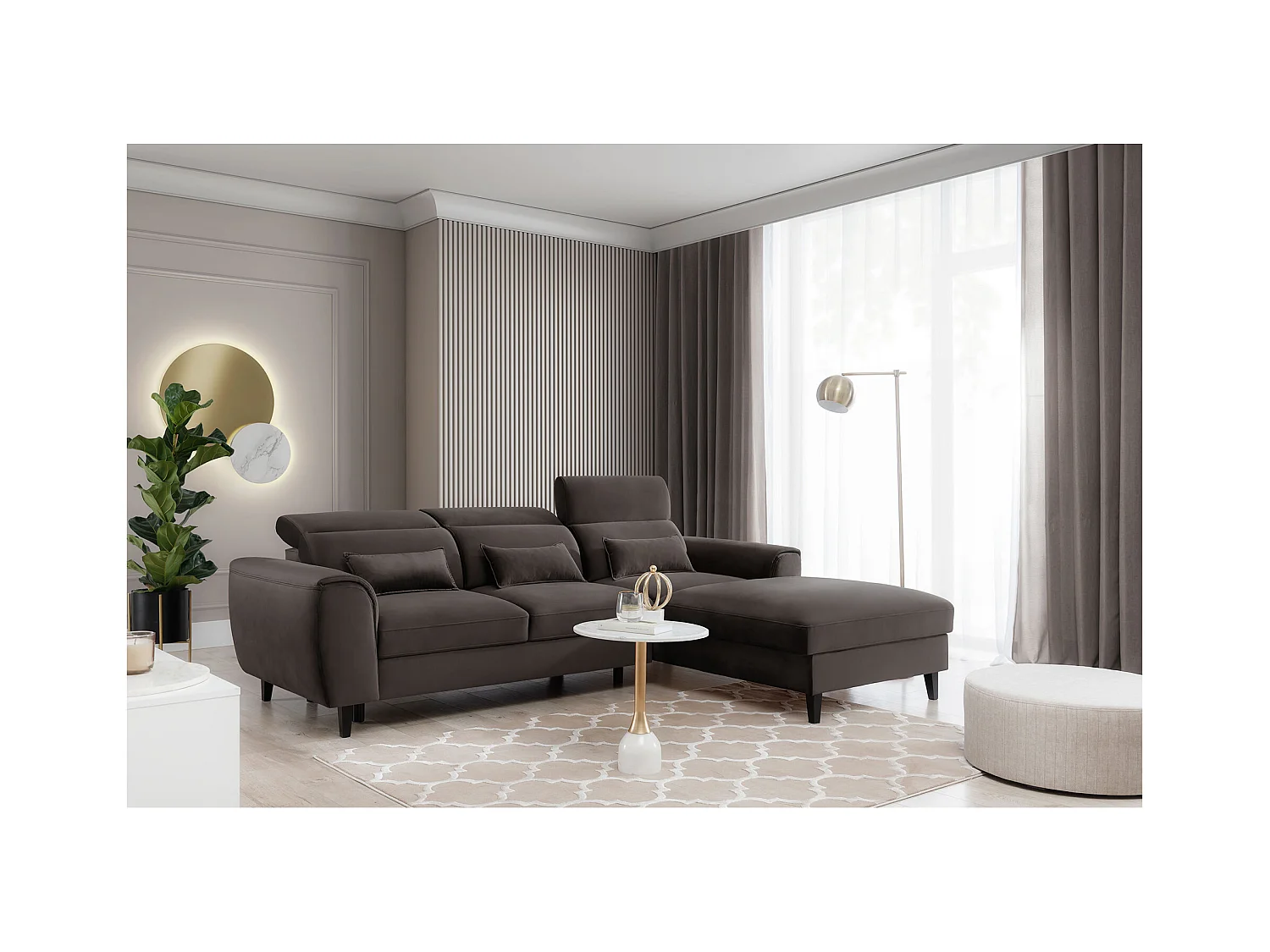 Canapé d'angle convertible velours appuis-tête réglables ASTORIA - Coffre et pieds bois noir-Marron-angle droit