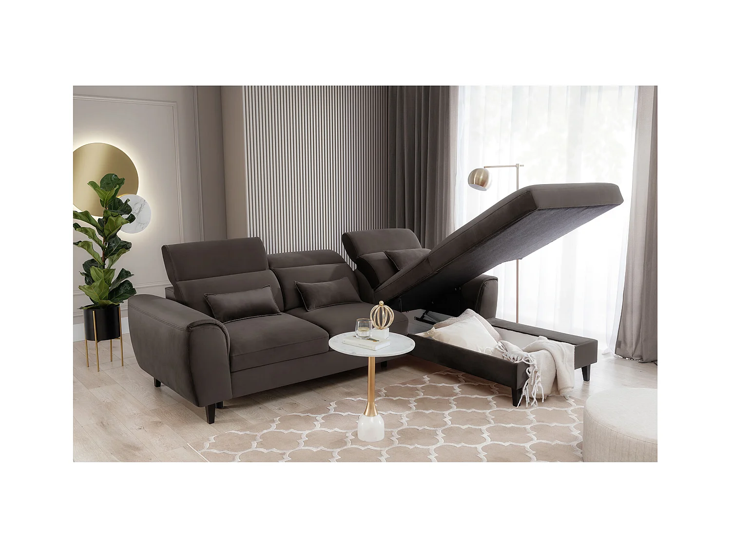 Canapé d'angle convertible velours appuis-tête réglables ASTORIA - Coffre et pieds bois noir-Marron-angle droit