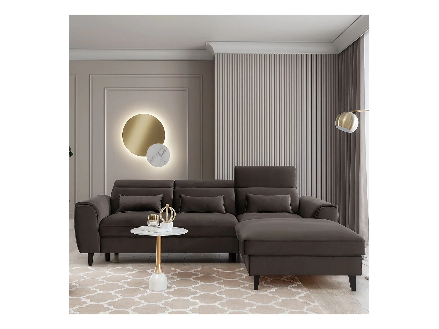 Canapé d'angle convertible velours appuis-tête réglables ASTORIA - Coffre et pieds bois noir-Marron-angle droit