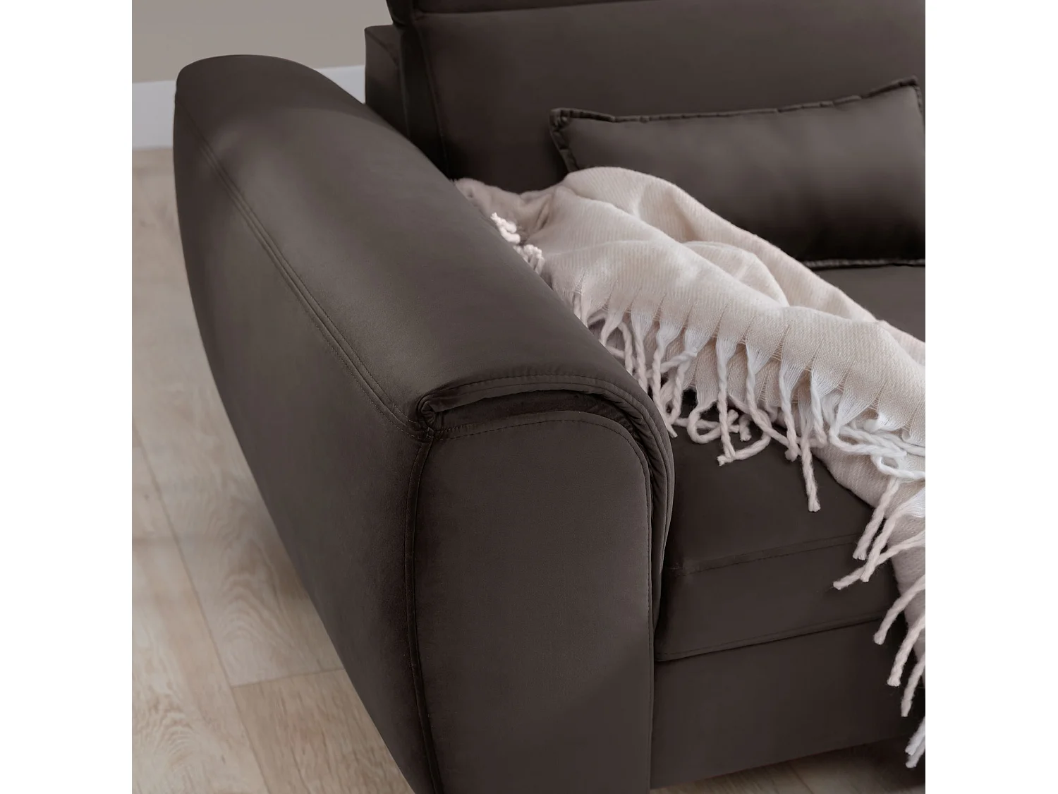 Canapé d'angle convertible velours appuis-tête réglables ASTORIA - Coffre et pieds bois noir-Marron-angle droit