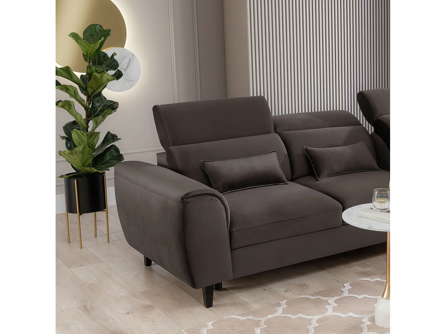 Canapé d'angle convertible velours appuis-tête réglables ASTORIA - Coffre et pieds bois noir-Marron-angle droit