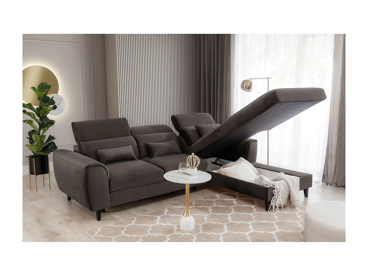 Canapé d'angle convertible velours appuis-tête réglables ASTORIA - Coffre et pieds bois noir-Marron-angle droit