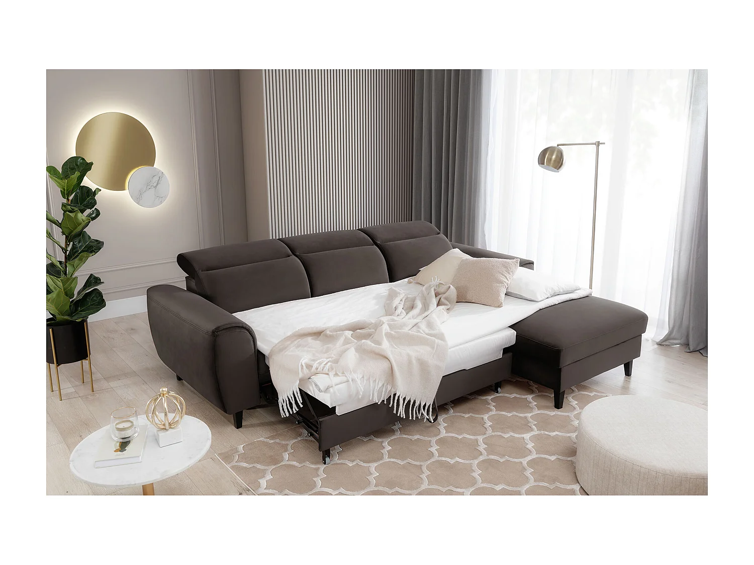 Canapé d'angle convertible velours appuis-tête réglables ASTORIA - Coffre et pieds bois noir-Marron-angle droit