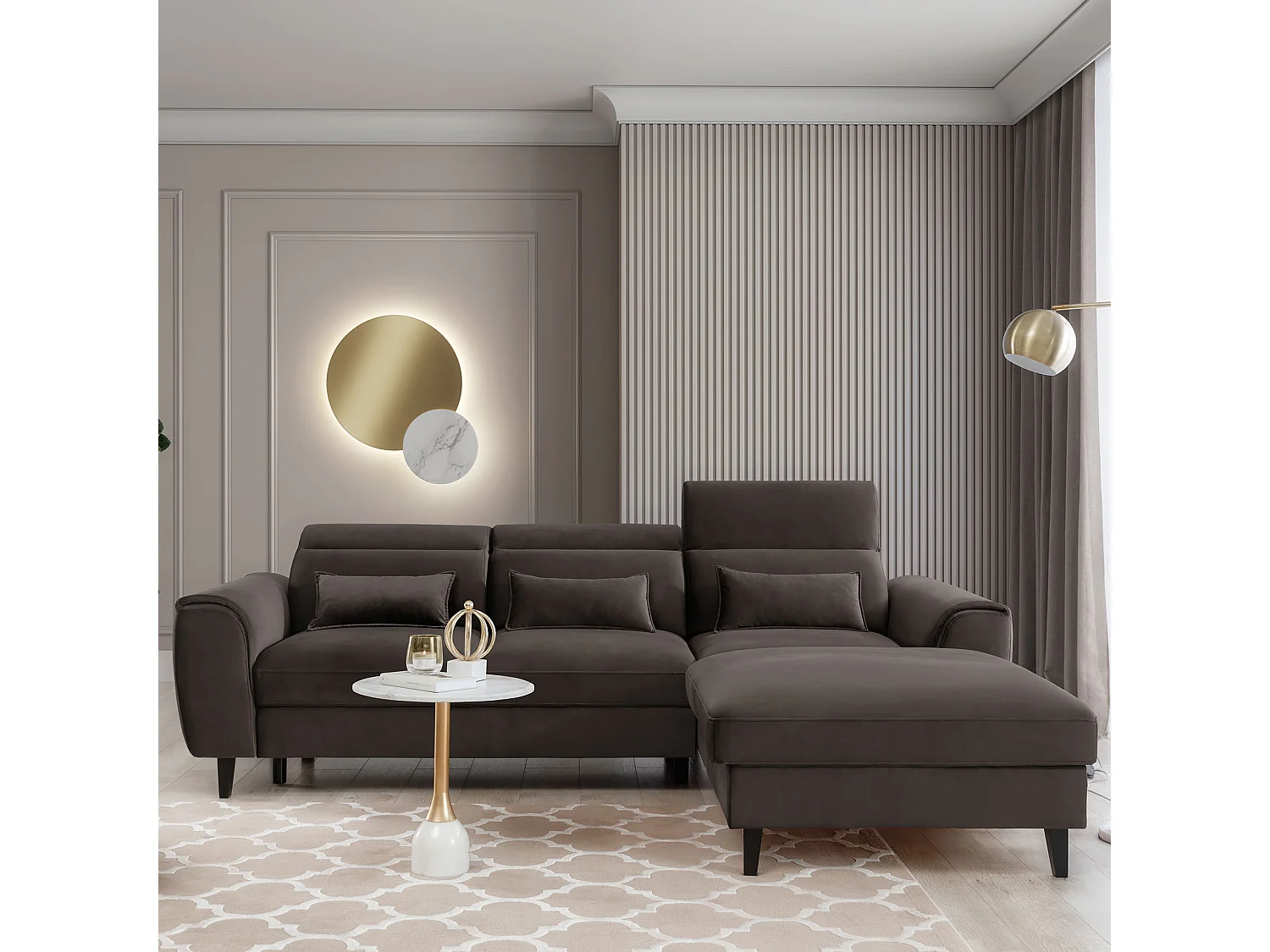 Canapé d'angle convertible velours appuis-tête réglables ASTORIA - Coffre et pieds bois noir-Marron-angle droit