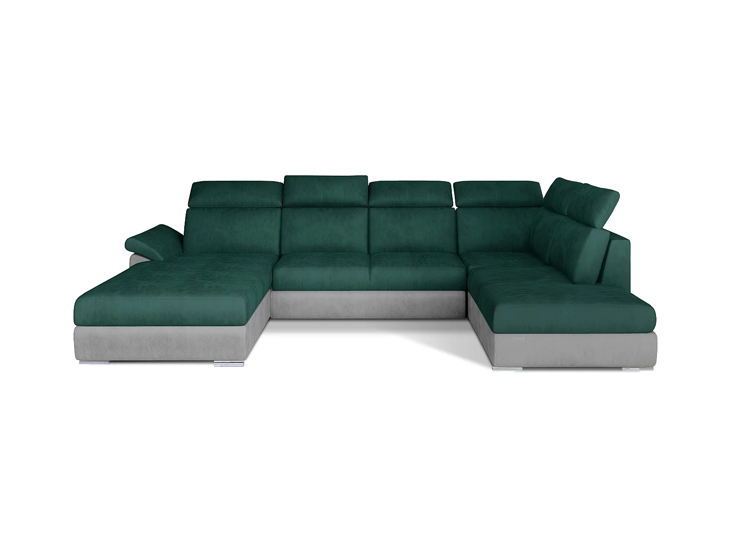 Canapé panoramique convertible LEVANO velours - Rangement et appuie-têtes réglables-Gris clair/Vert-Coffre à gauche