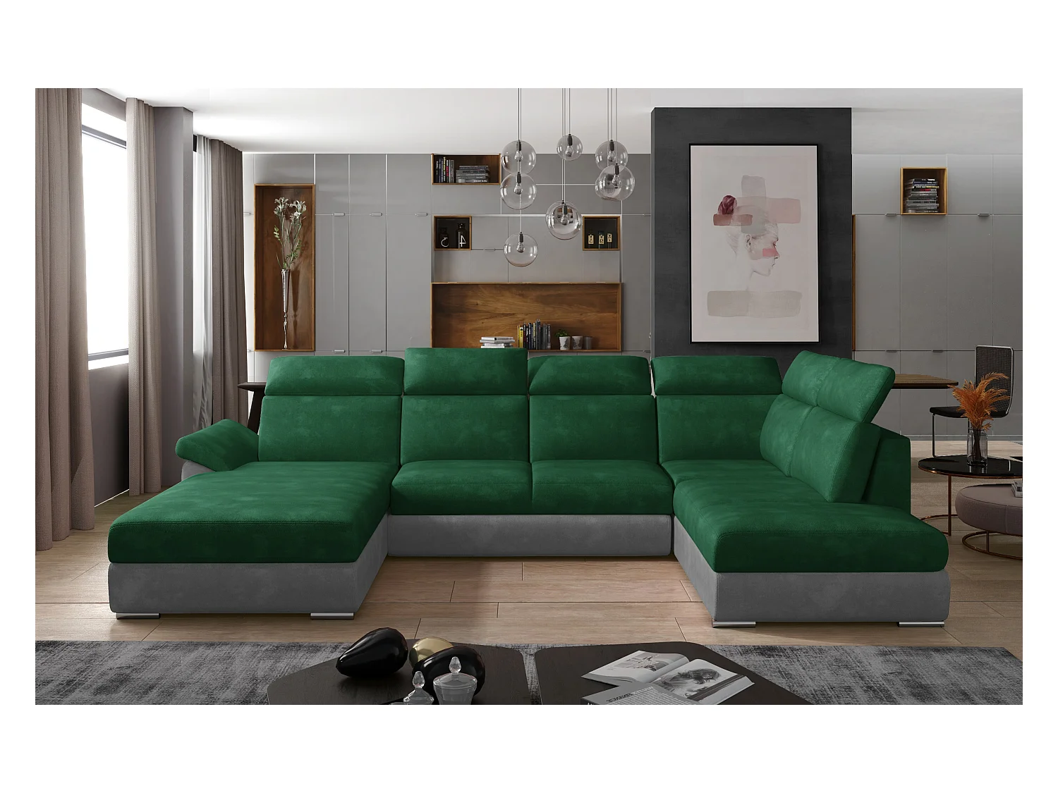 Canapé panoramique convertible LEVANO velours - Rangement et appuie-têtes réglables-Gris clair/Vert-Coffre à gauche