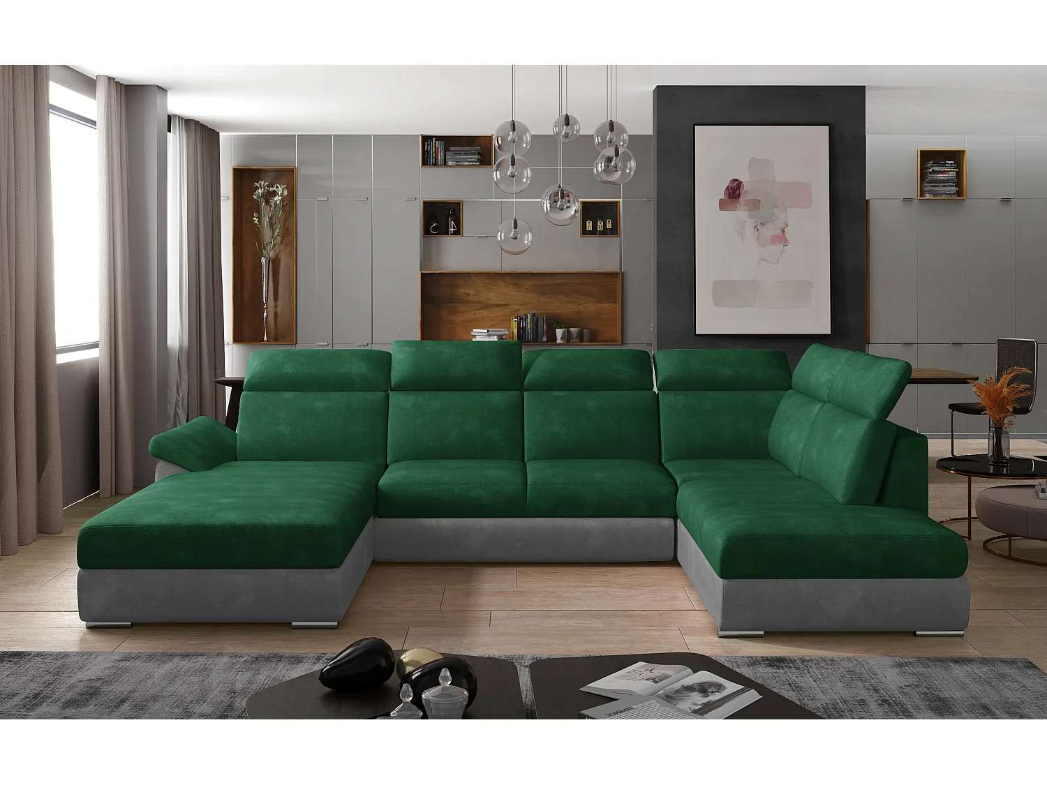 Canapé panoramique convertible LEVANO velours - Rangement et appuie-têtes réglables-Gris clair/Vert-Coffre à gauche