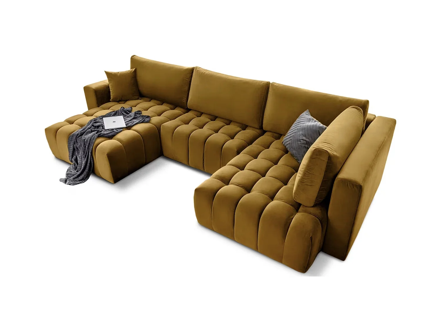 Canapé d'angle panoramique BOSTON en velours capitonné-Jaune curry-Méridienne A gauche