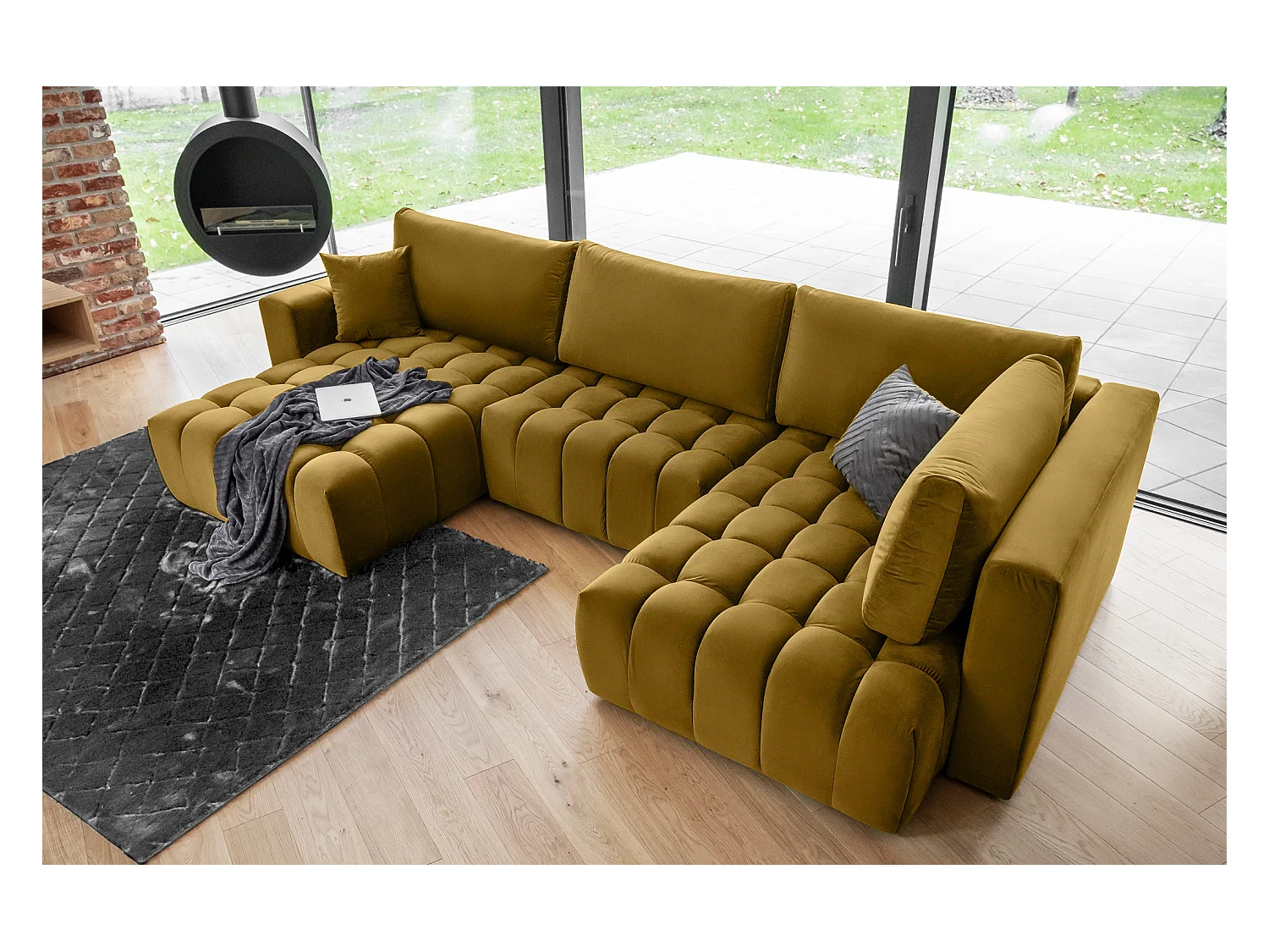 Canapé d'angle panoramique BOSTON en velours capitonné-Jaune curry-Méridienne A gauche