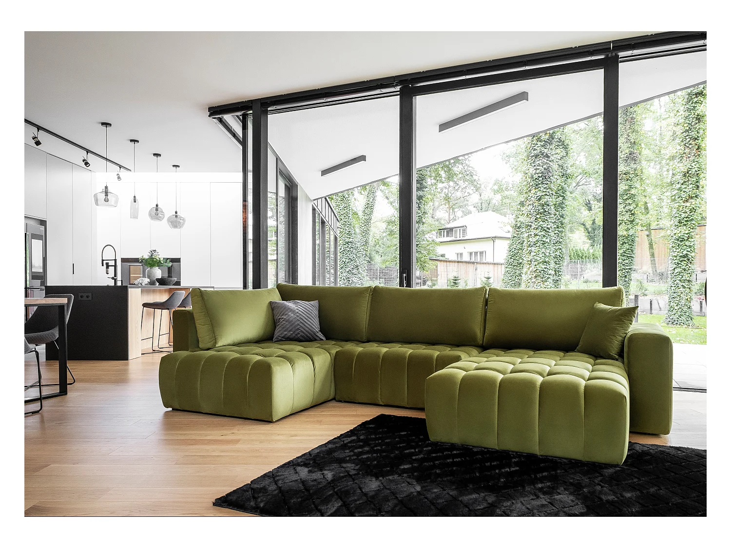 Canapé d'angle panoramique BOSTON en velours capitonné-Jaune curry-Méridienne A gauche