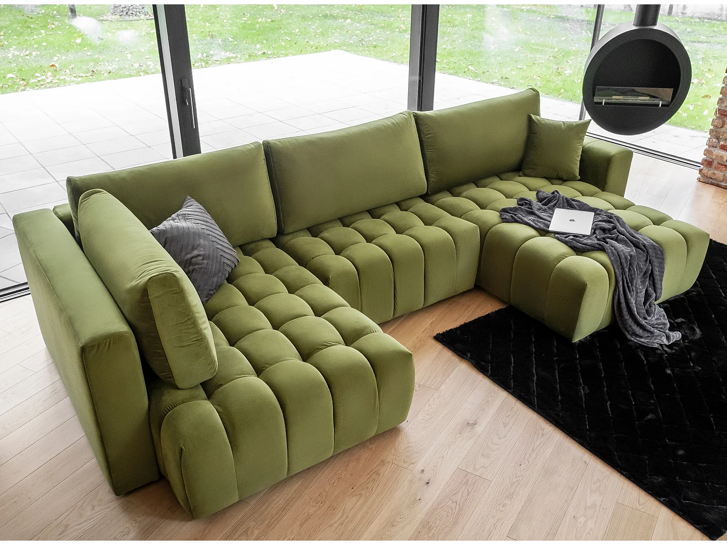 Canapé d'angle panoramique BOSTON en velours capitonné-Jaune curry-Méridienne A gauche