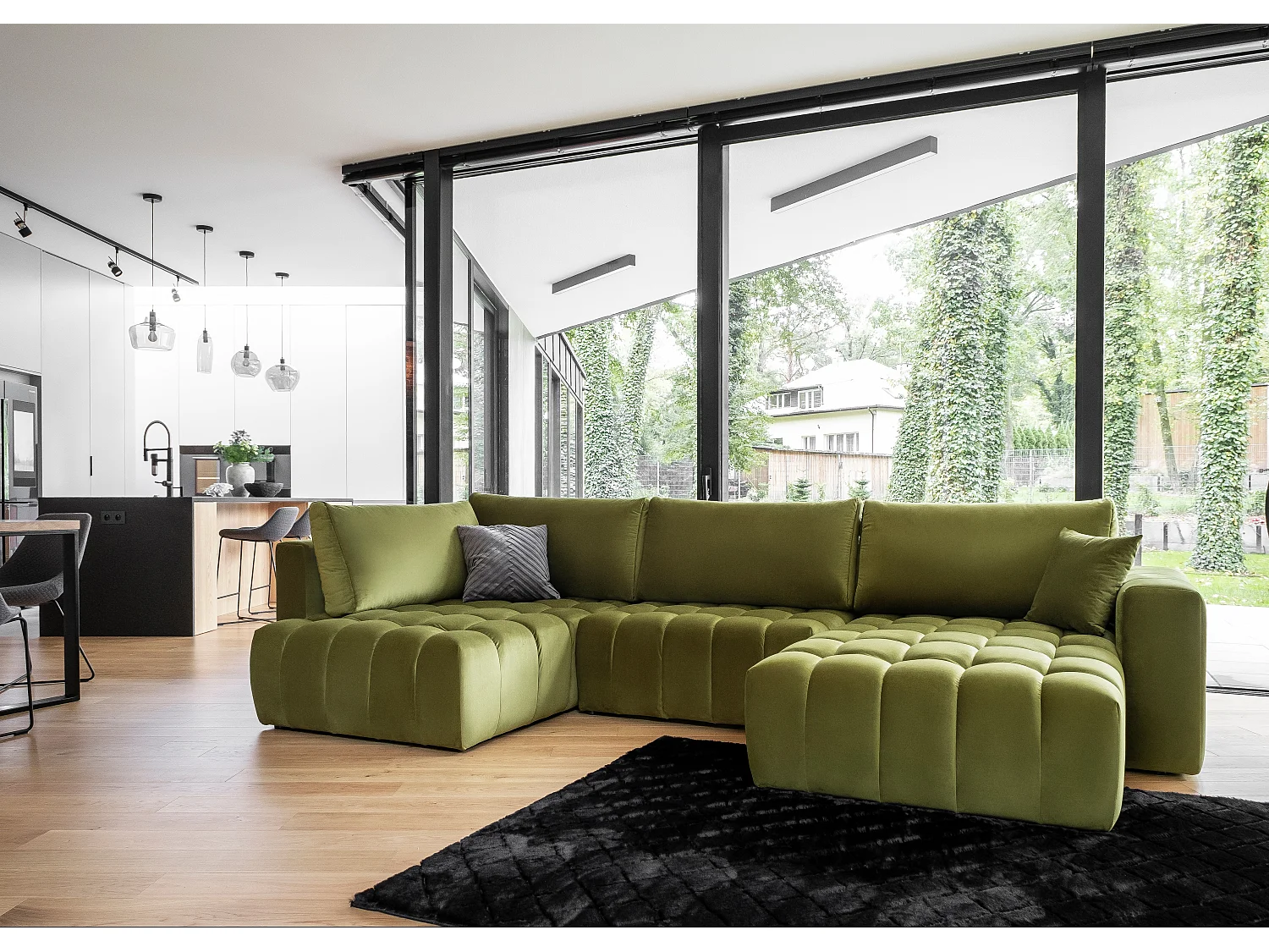 Canapé d'angle panoramique BOSTON en velours capitonné-Jaune curry-Méridienne A gauche