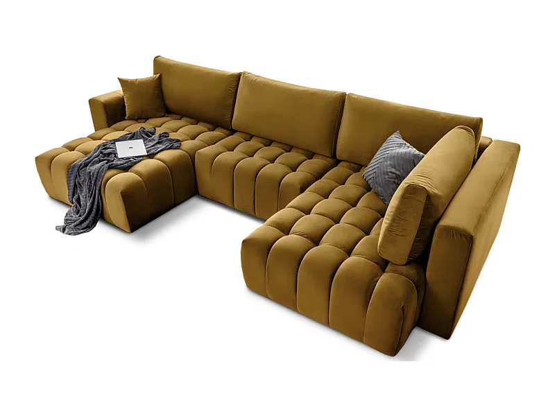 BOSTON panoramische hoekbank in gecapitonneerd fluweel-Kleur Kerrie geel-Dagbed Naar links