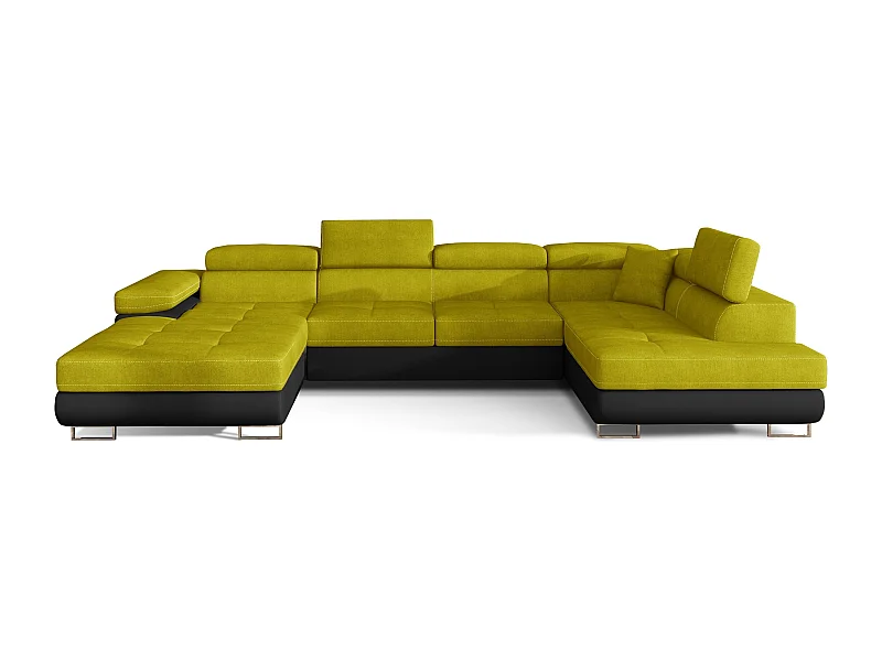 Canapé panoramique convertible ROMANO - Rangement et appuie-têtes réglables-Noir/Jaune olive-Coffre à droite
