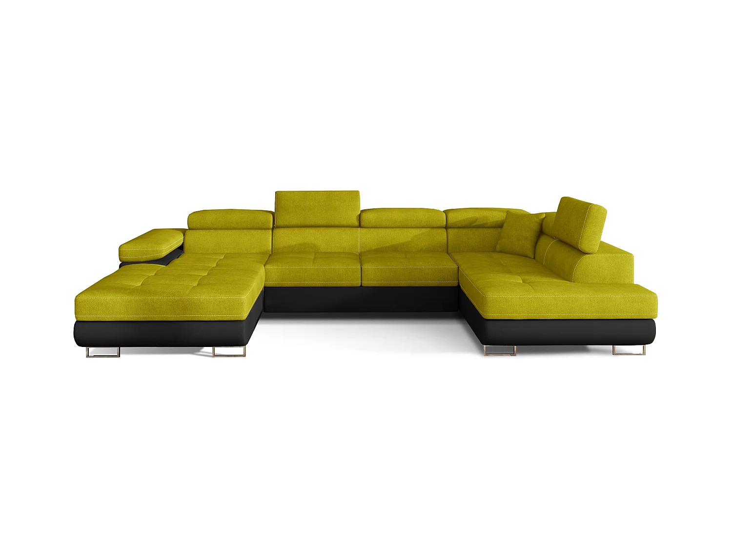 Canapé panoramique convertible ROMANO - Rangement et appuie-têtes réglables-Noir/Jaune olive-Coffre à droite