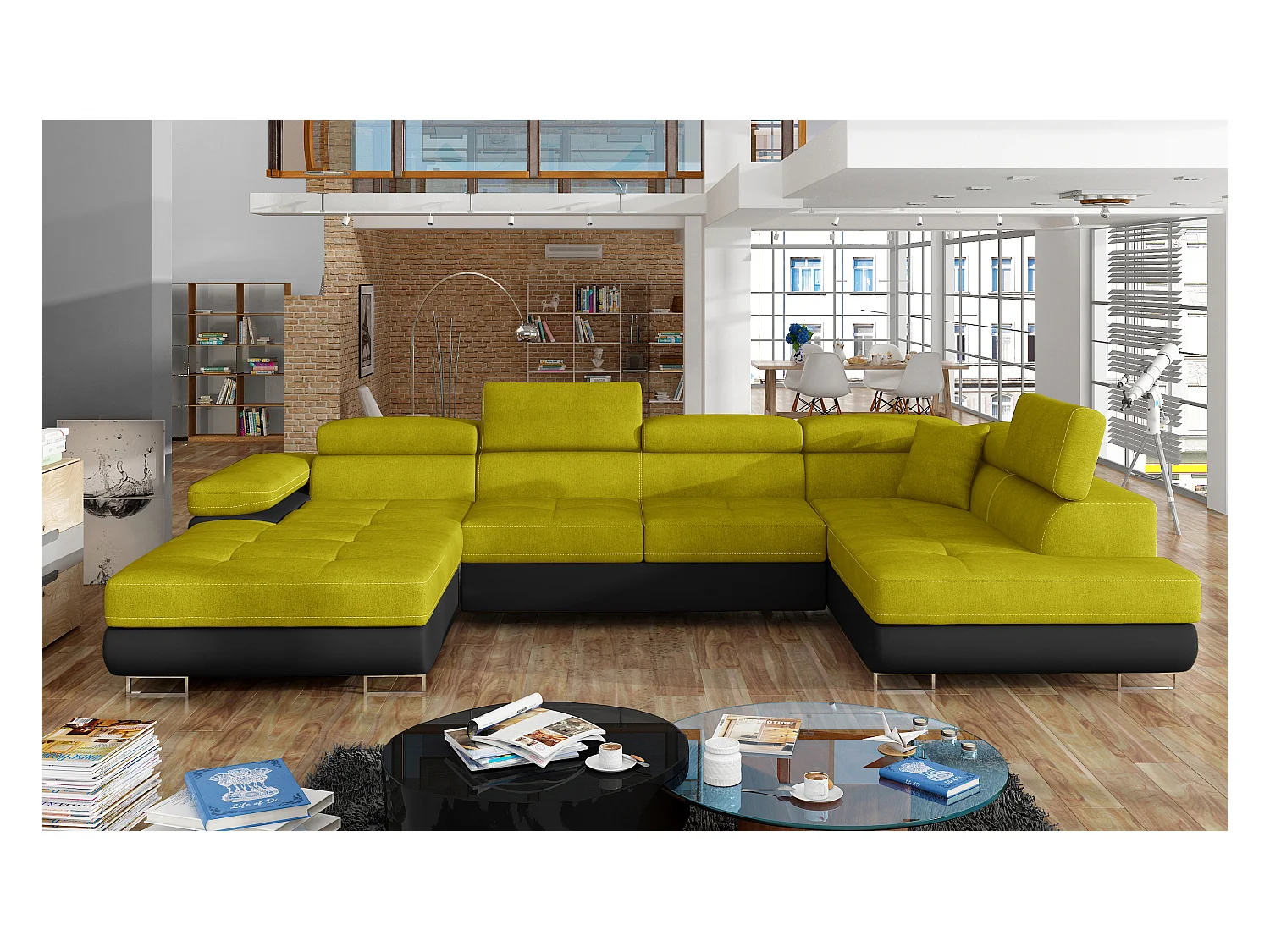 Canapé panoramique convertible ROMANO - Rangement et appuie-têtes réglables-Noir/Jaune olive-Coffre à droite