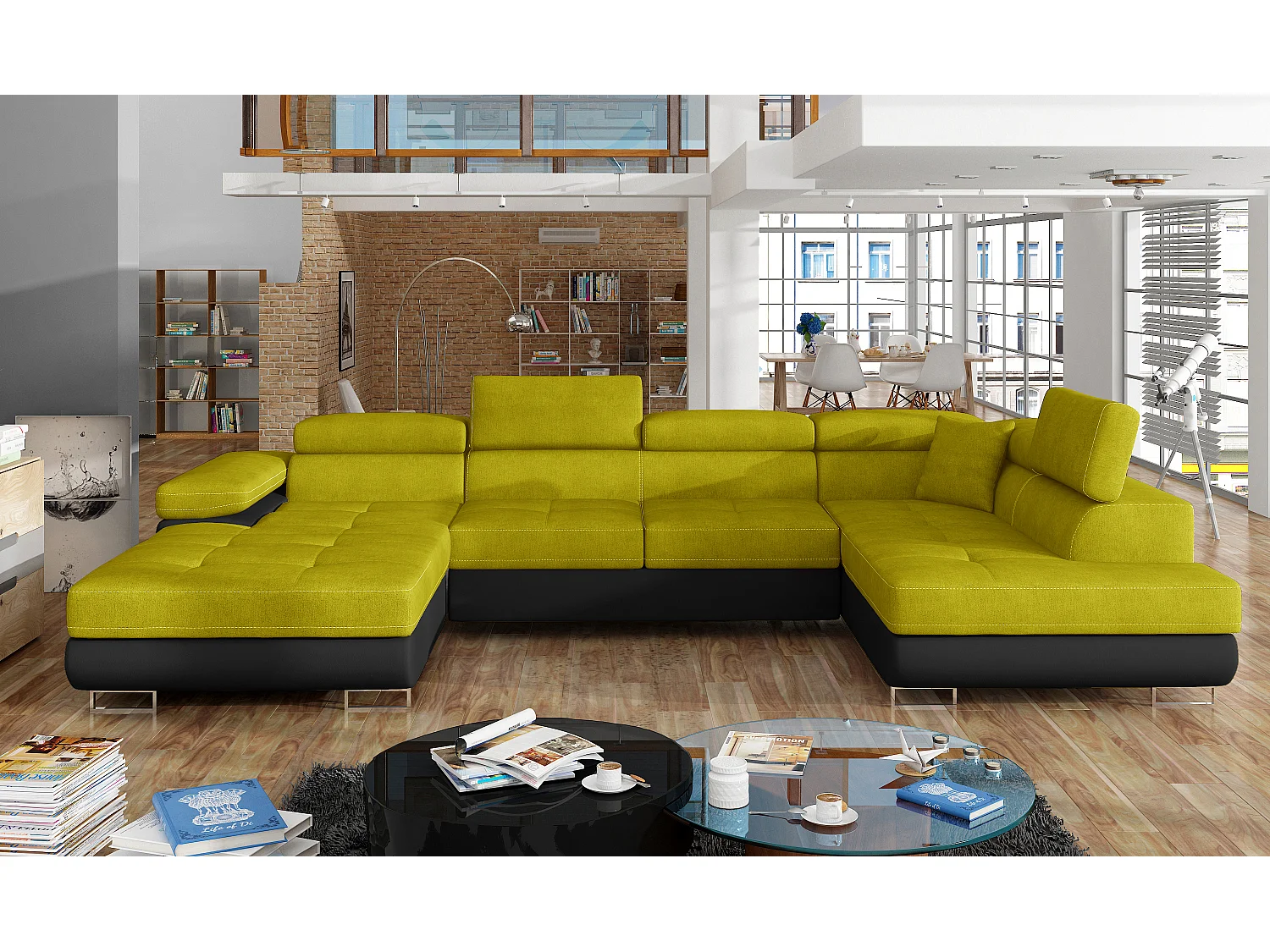 Canapé panoramique convertible ROMANO - Rangement et appuie-têtes réglables-Noir/Jaune olive-Coffre à droite