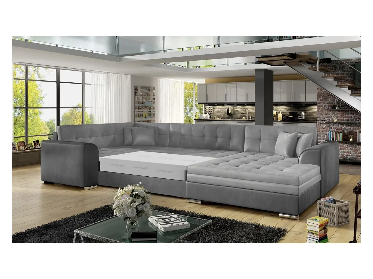 DIANO fluwelen panoramische slaapbank-Kleur Lichtgrijs/grijs-Dagbed Naar rechts