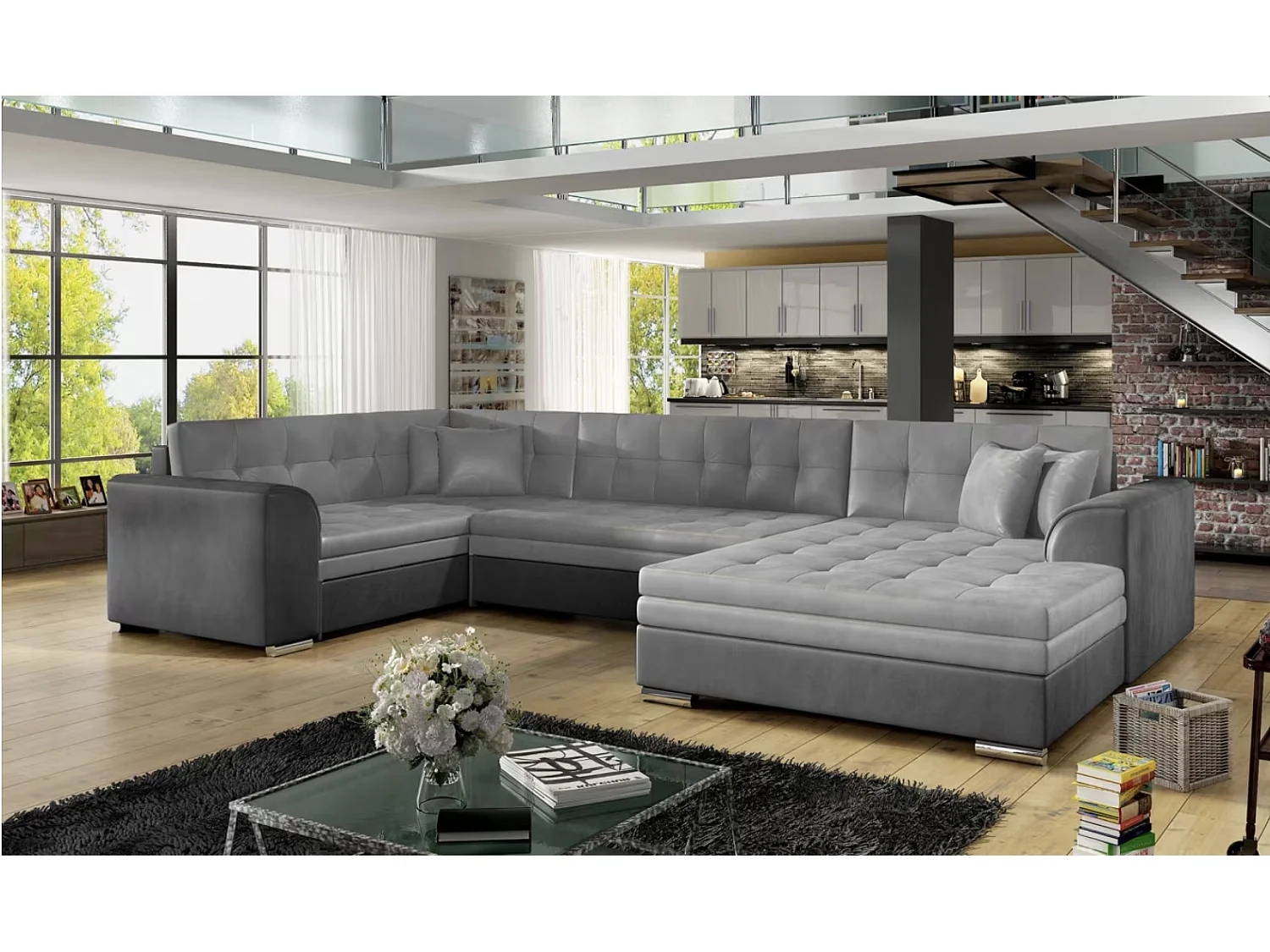 Canapé panoramique convertible DIANO velours-Gris clair/Gris-Méridienne A droite