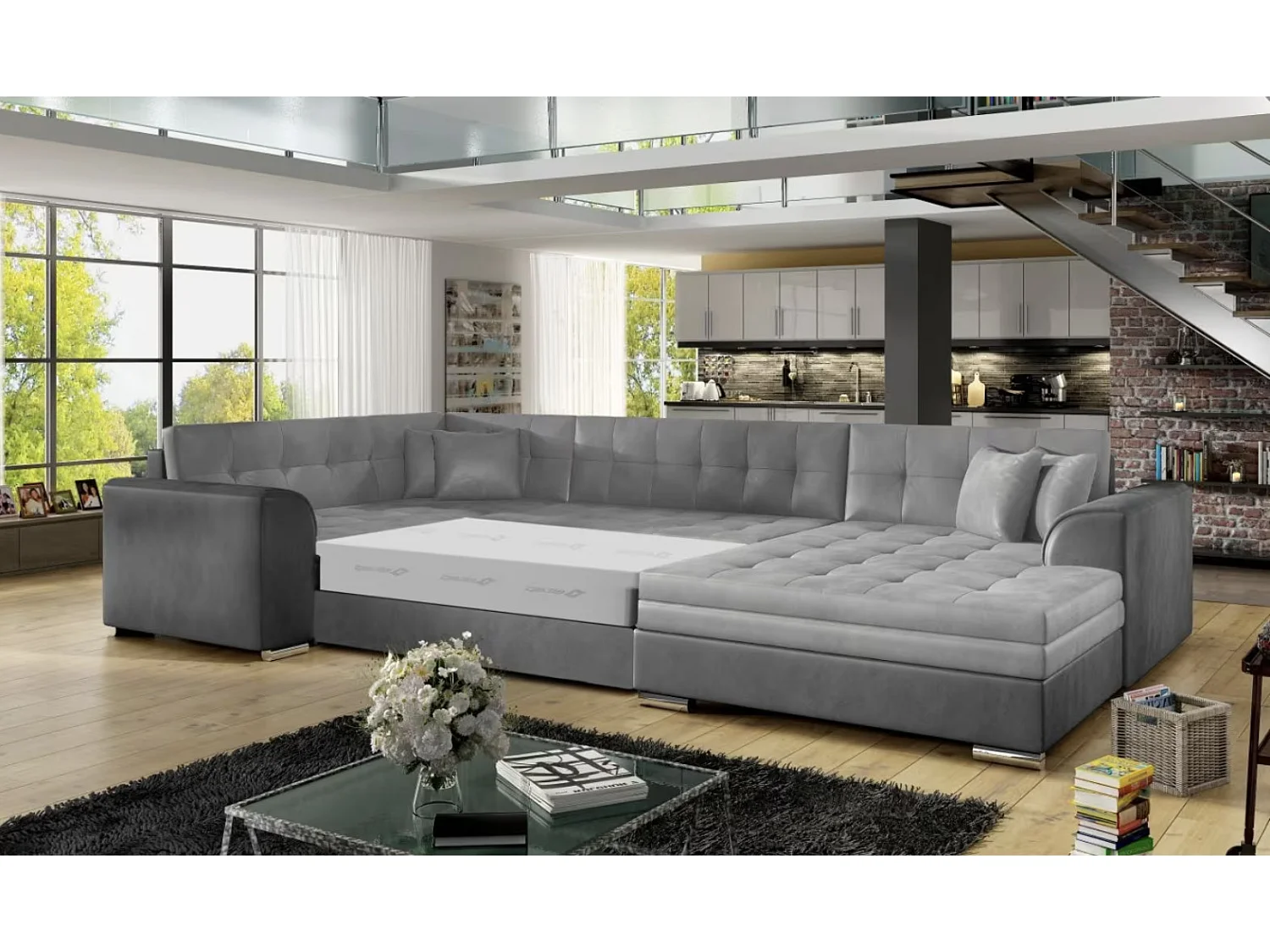 Canapé panoramique convertible DIANO velours-Gris clair/Gris-Méridienne A droite