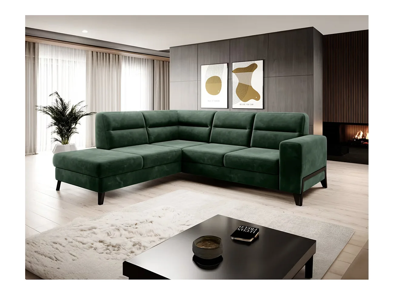 Canapé d'angle convertible tissu KAZAL - Dossiers réglables et pieds acier noir-Vert épinard-angle gauche