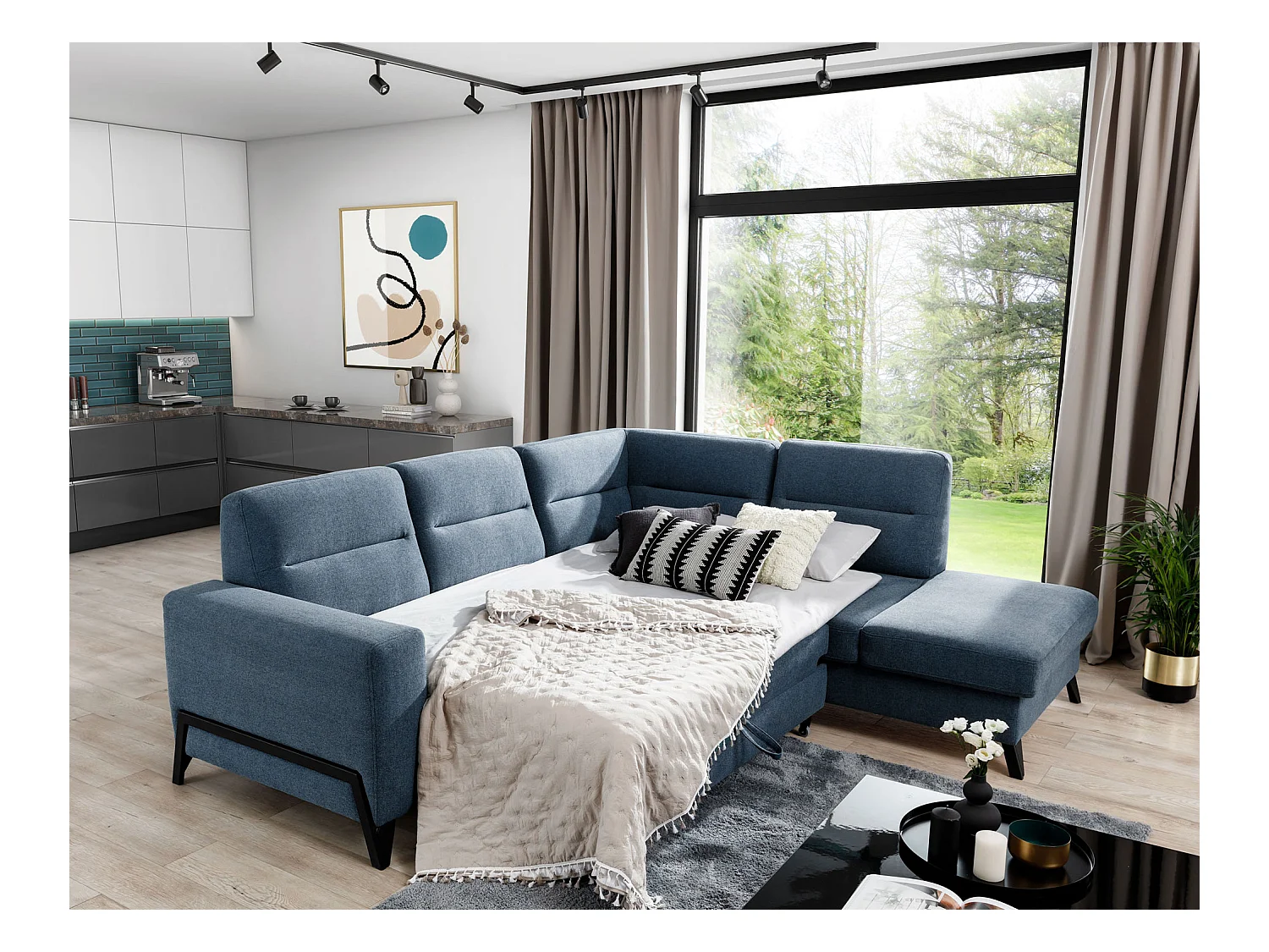 Canapé d'angle convertible tissu KAZAL - Dossiers réglables et pieds acier noir-Vert épinard-angle gauche