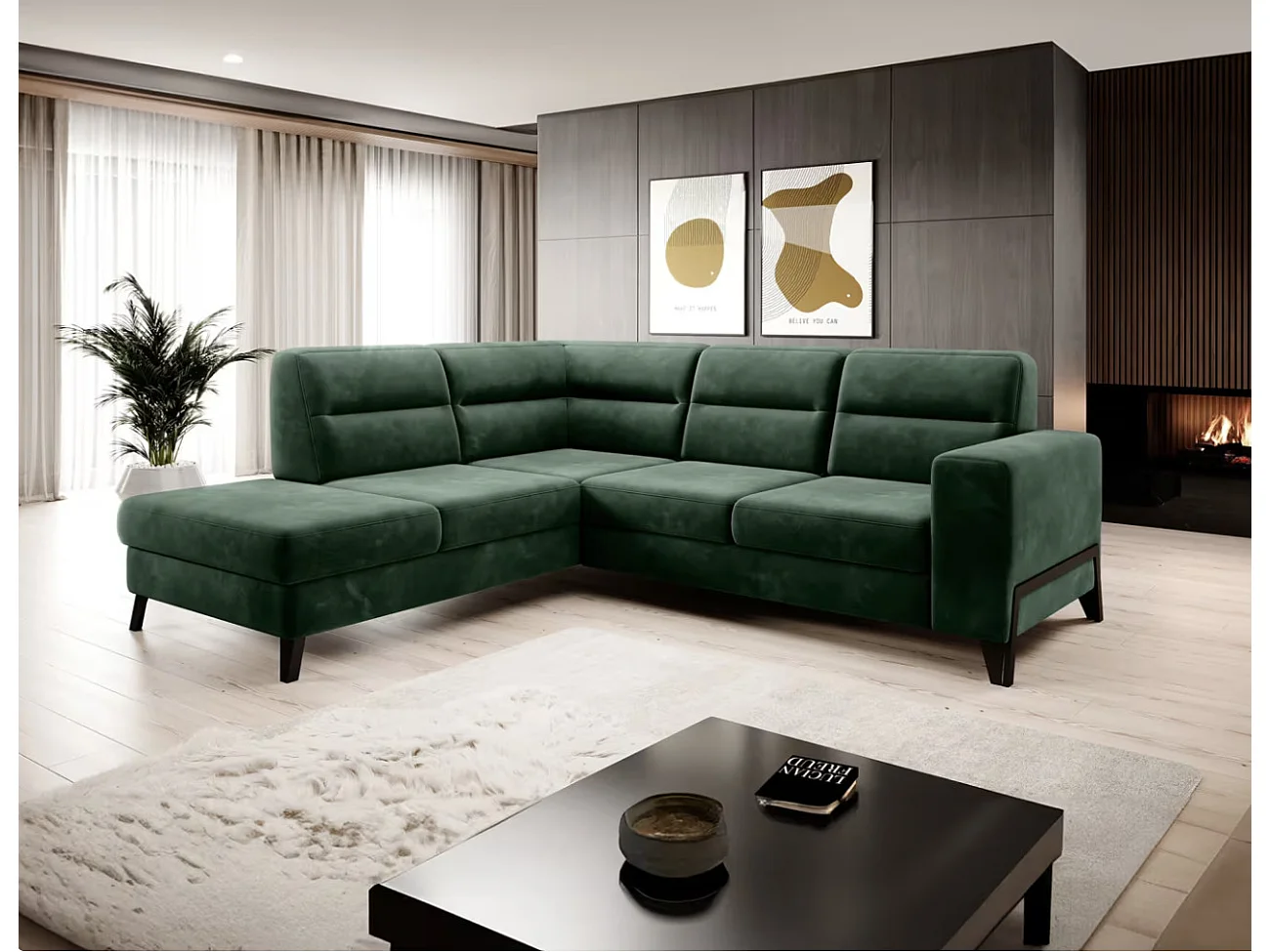 Canapé d'angle convertible tissu KAZAL - Dossiers réglables et pieds acier noir-Vert épinard-angle gauche