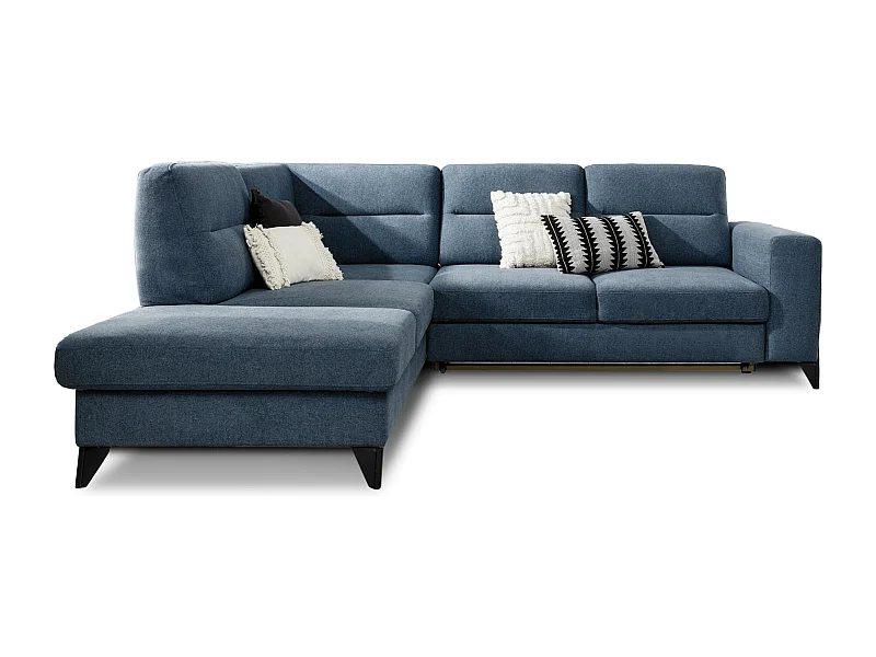 Canapé d'angle convertible tissu KAZAL - Dossiers réglables et pieds acier noir-Bleu charrette-angle gauche