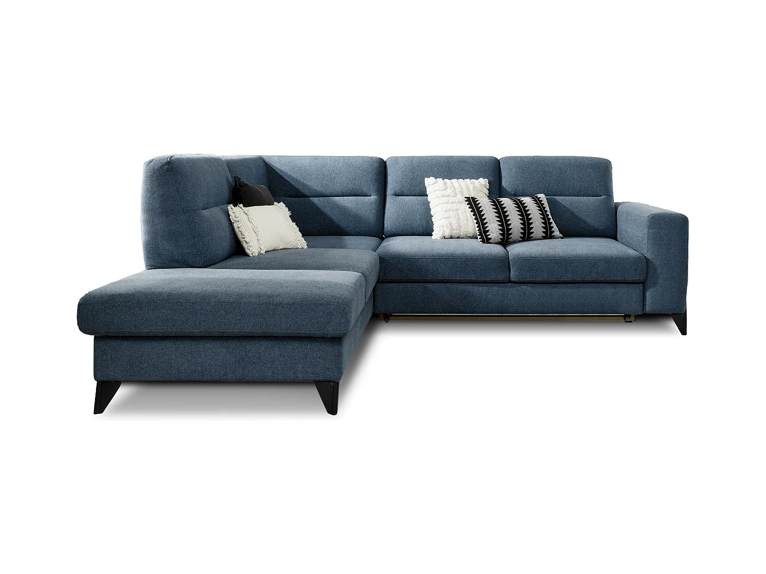 Canapé d'angle convertible tissu KAZAL - Dossiers réglables et pieds acier noir-Bleu charrette-angle gauche