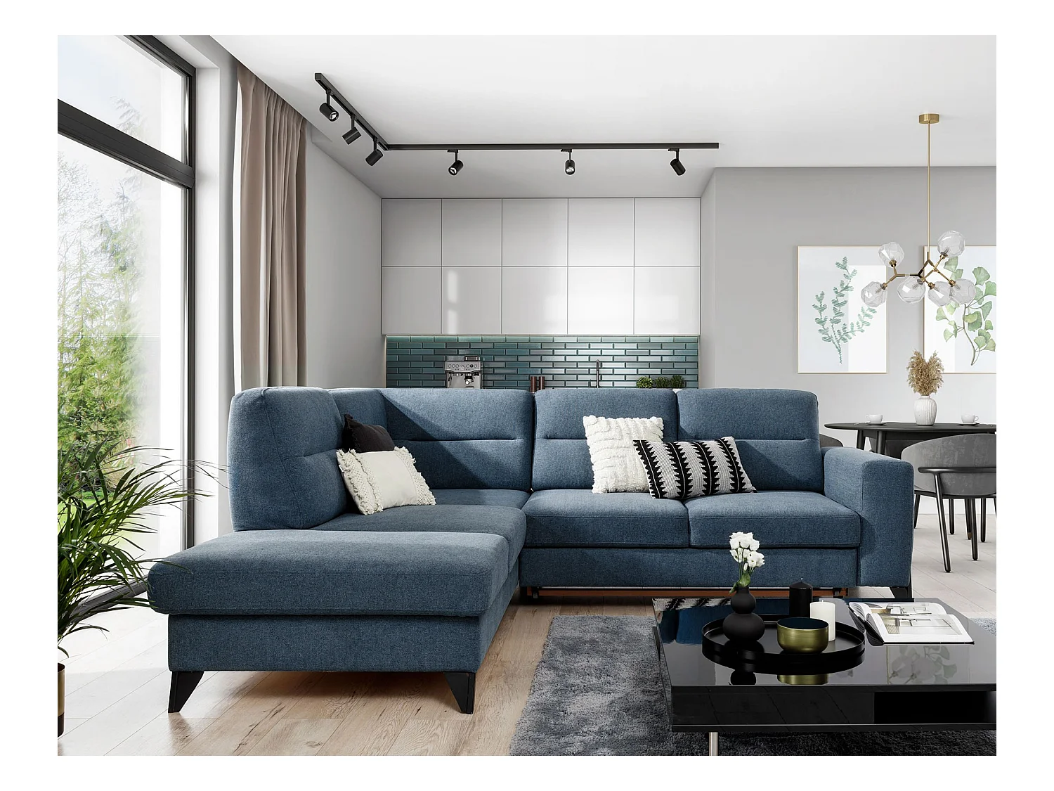 Canapé d'angle convertible tissu KAZAL - Dossiers réglables et pieds acier noir-Bleu charrette-angle gauche