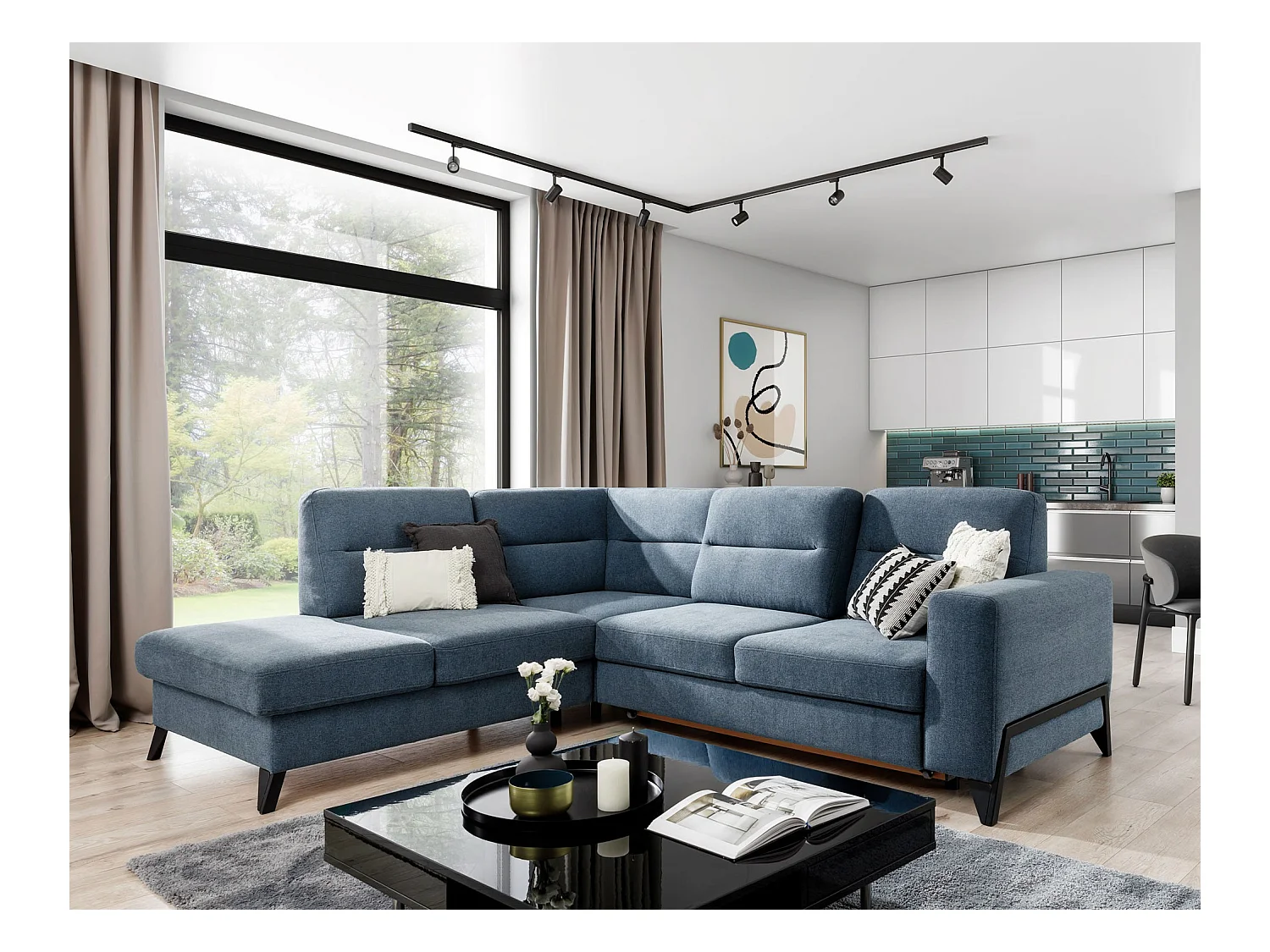 Canapé d'angle convertible tissu KAZAL - Dossiers réglables et pieds acier noir-Bleu charrette-angle gauche