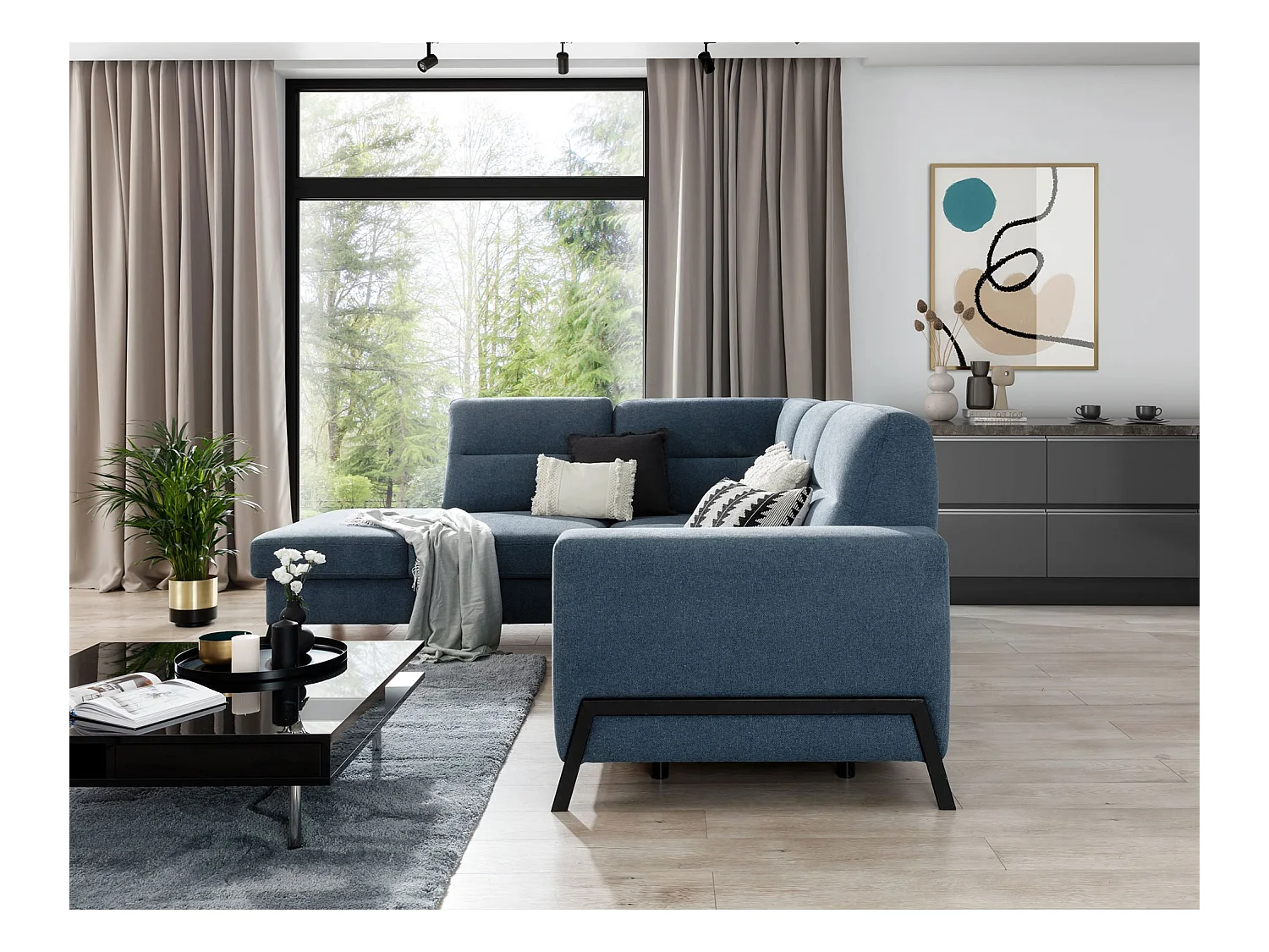 Canapé d'angle convertible tissu KAZAL - Dossiers réglables et pieds acier noir-Bleu charrette-angle gauche