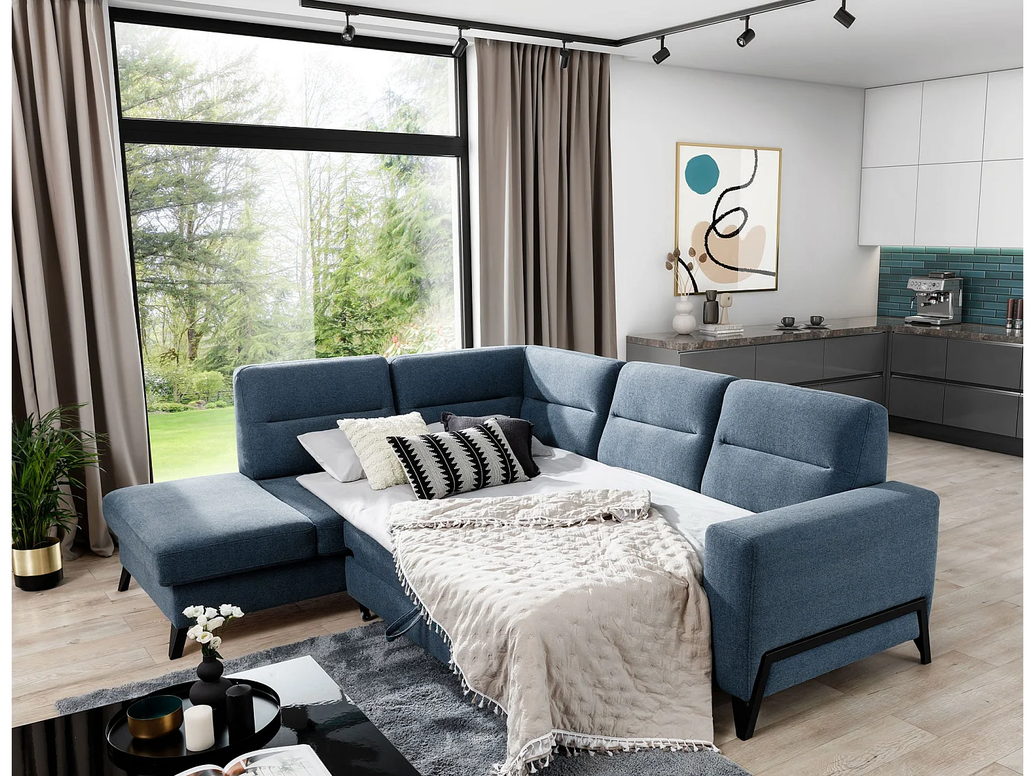 Canapé d'angle convertible tissu KAZAL - Dossiers réglables et pieds acier noir-Bleu charrette-angle gauche