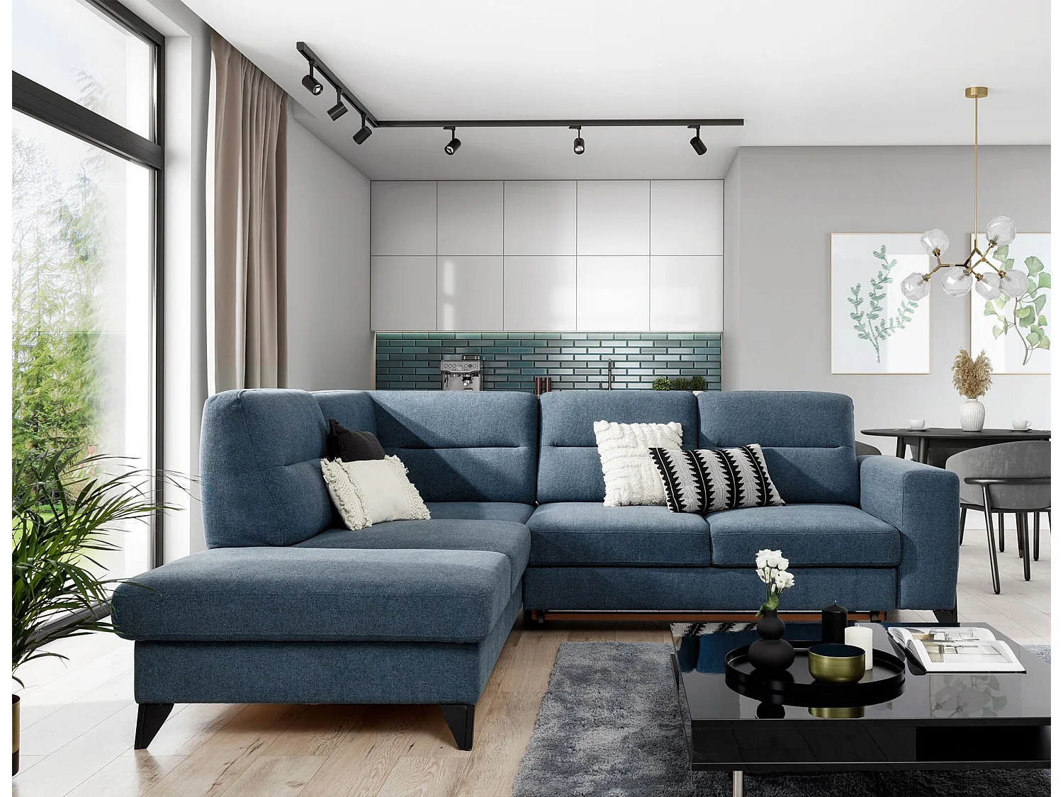 KAZAL stoffen omvormbare hoekbank - Verstelbare rugleuningen en zwarte stalen poten-Kleur Blauwe kar-linkerhoek