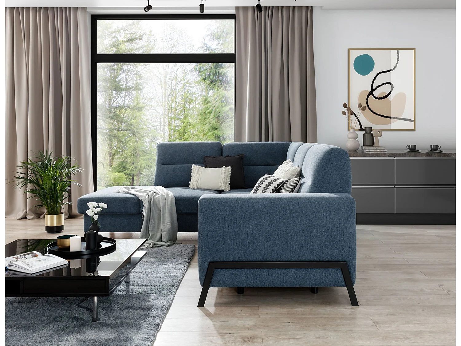 KAZAL stoffen omvormbare hoekbank - Verstelbare rugleuningen en zwarte stalen poten-Kleur Blauwe kar-linkerhoek