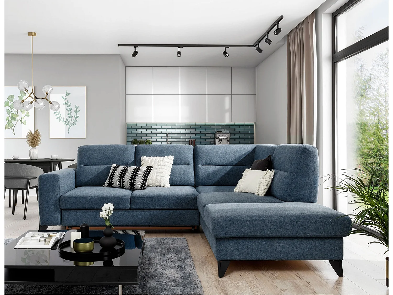 KAZAL stoffen omvormbare hoekbank - Verstelbare rugleuningen en zwarte stalen poten-Kleur Blauwe kar-linkerhoek