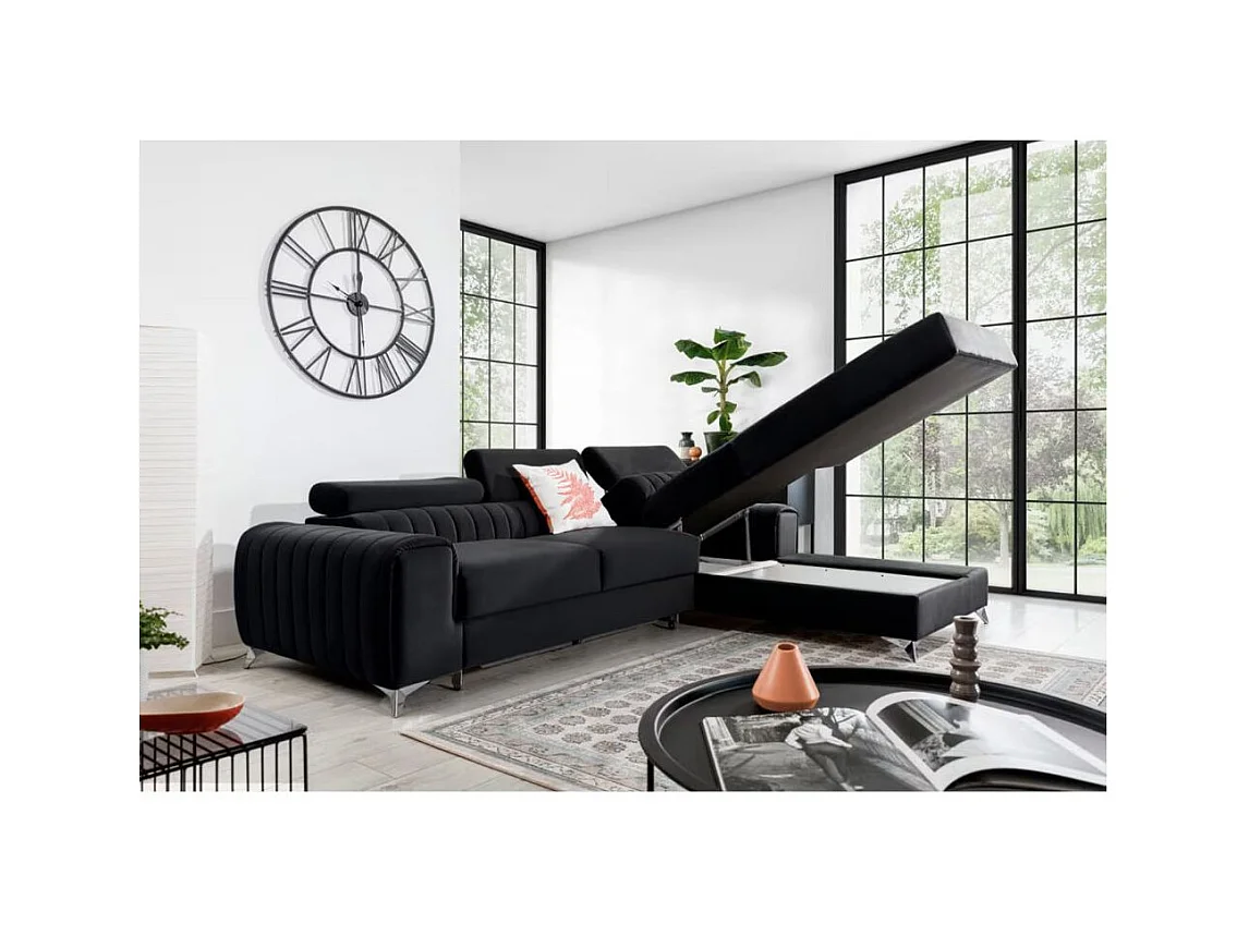 Canapé d'angle convertible velours têtière réglables GRENKY - Coffre, pieds acier chromé-Gris anthracite-angle droit