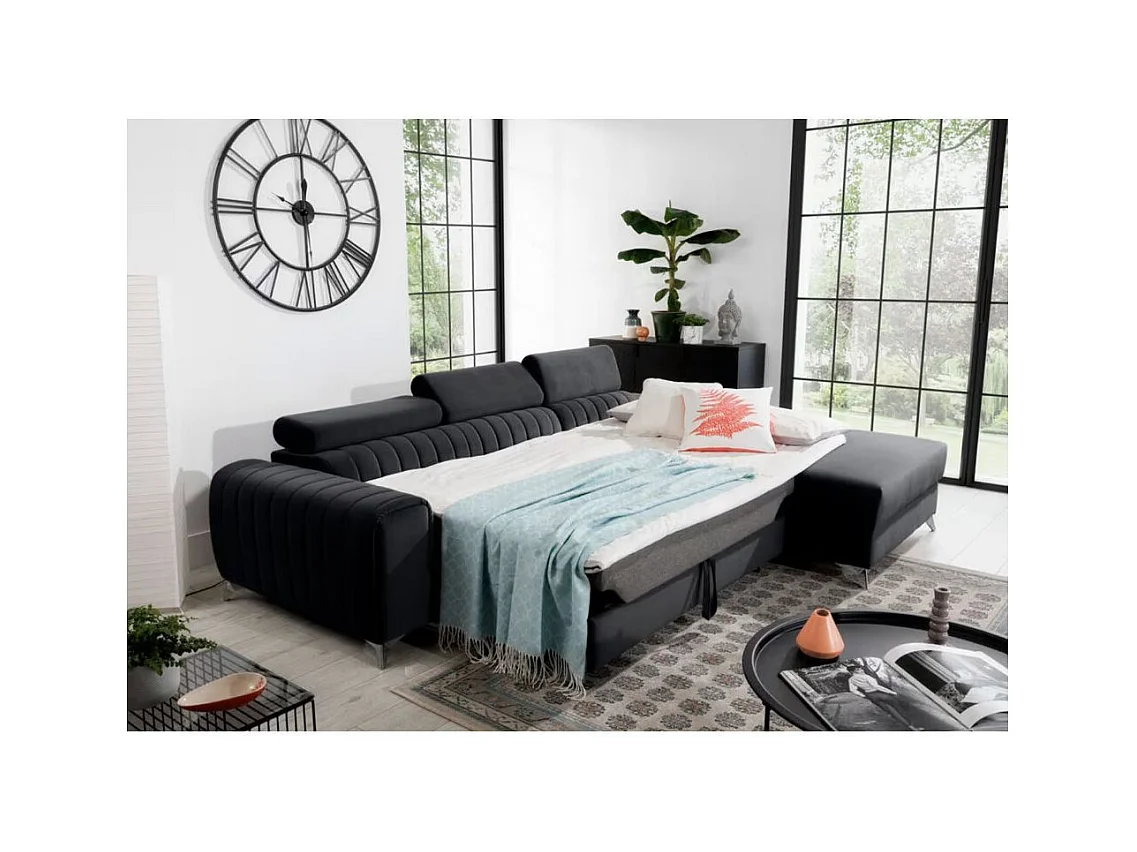 Canapé d'angle convertible velours têtière réglables GRENKY - Coffre, pieds acier chromé-Gris anthracite-angle droit