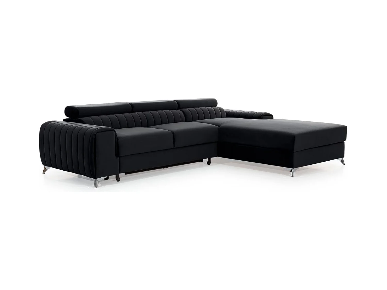 Canapé d'angle convertible velours têtière réglables GRENKY - Coffre, pieds acier chromé-Gris anthracite-angle droit